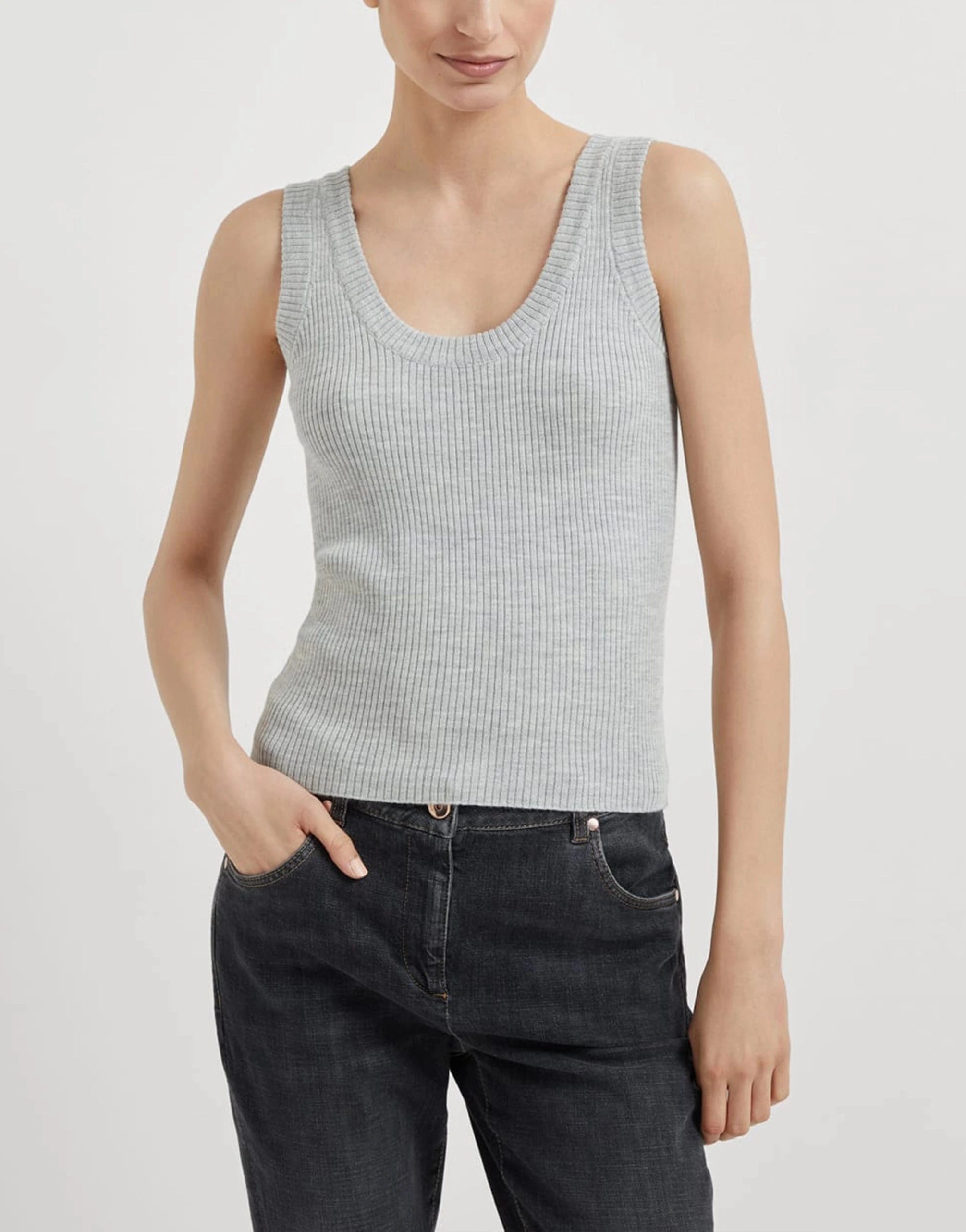 Brunello Cucinelli Wool-Cashmere Blend Rib Knit Tank Top