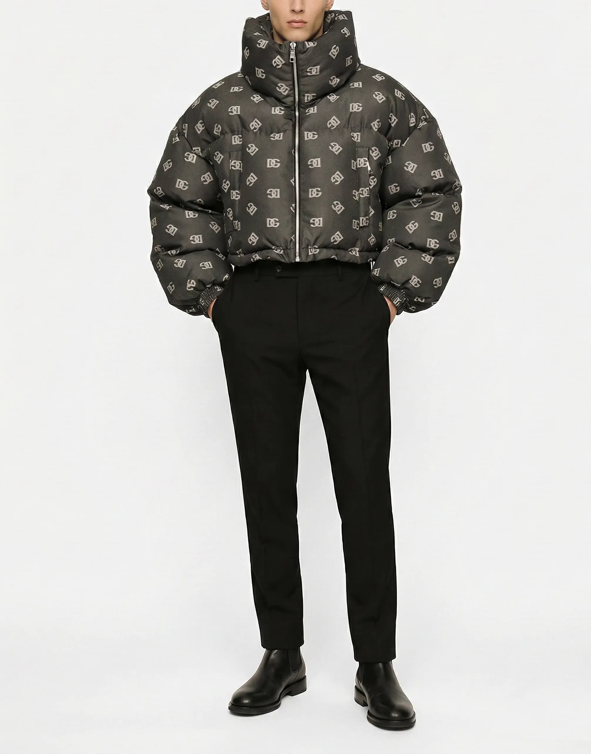 Dolce & Gabbana All-Over DG Monogram Cropped Nylon Puffer Jacket