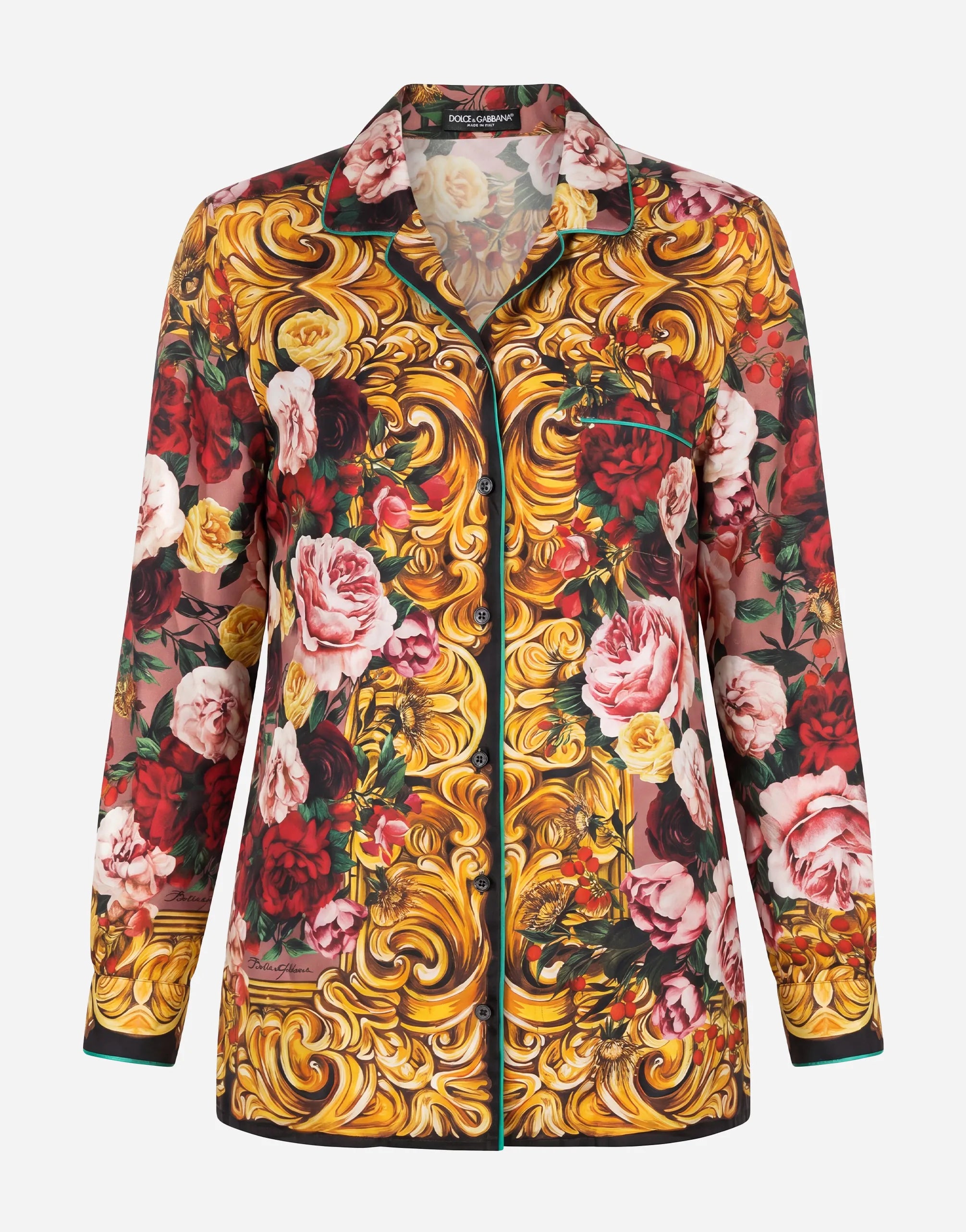 Dolce & Gabbana Baroque Floral Print Silk Shirt with Piping Detail