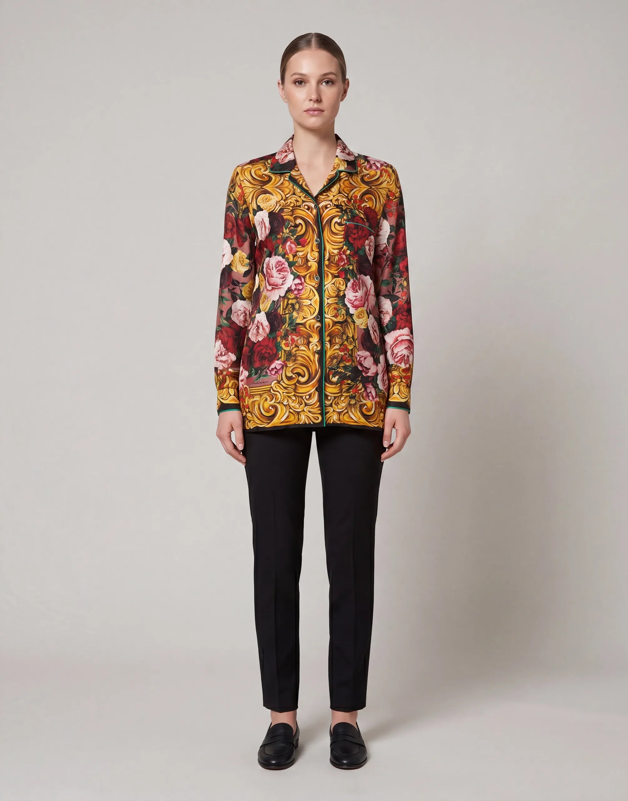 Baroque Floral Print Silk Shirt with Piping Detail - alternate view