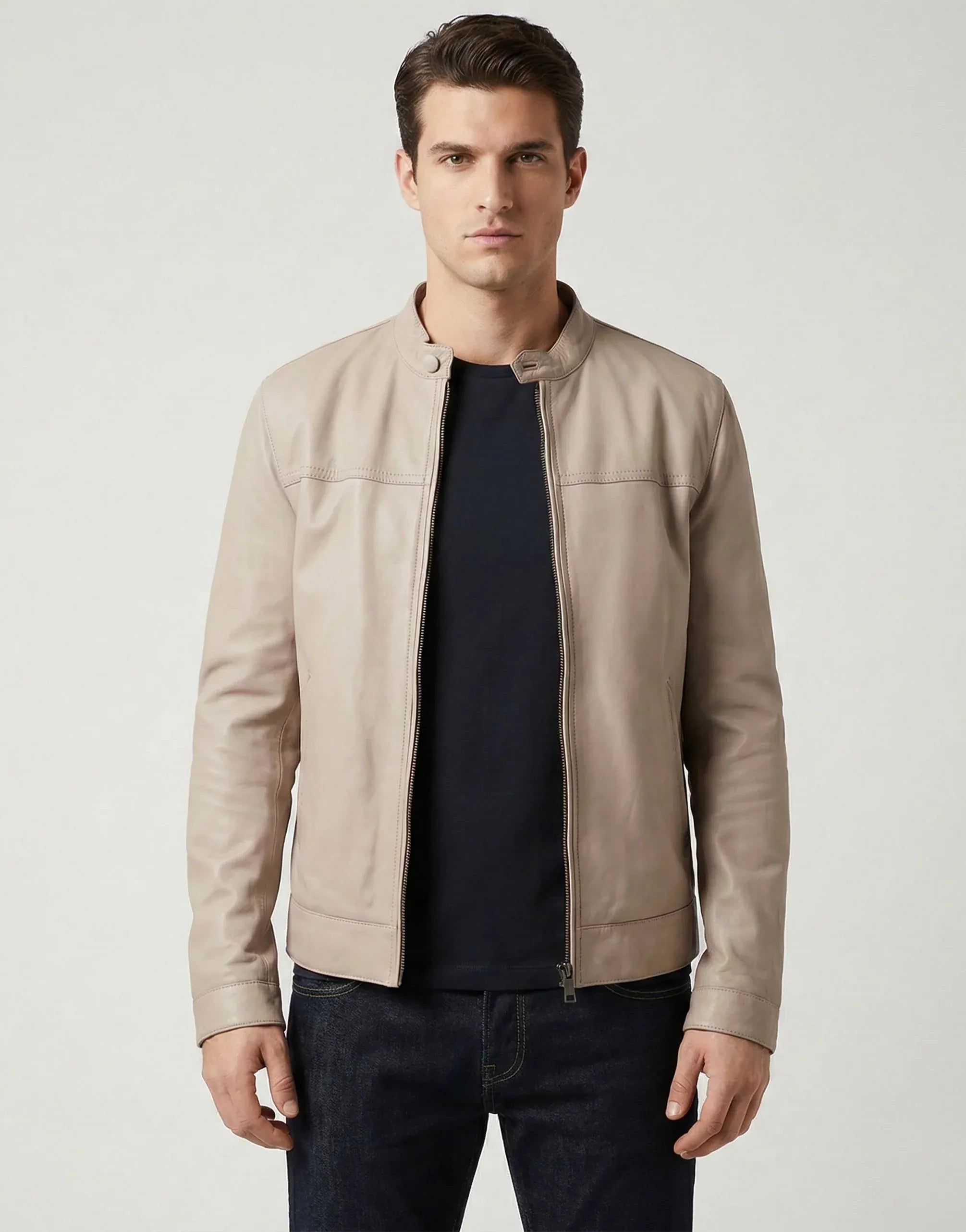 Dolce & Gabbana Beige Leather Zip-Up Jacket