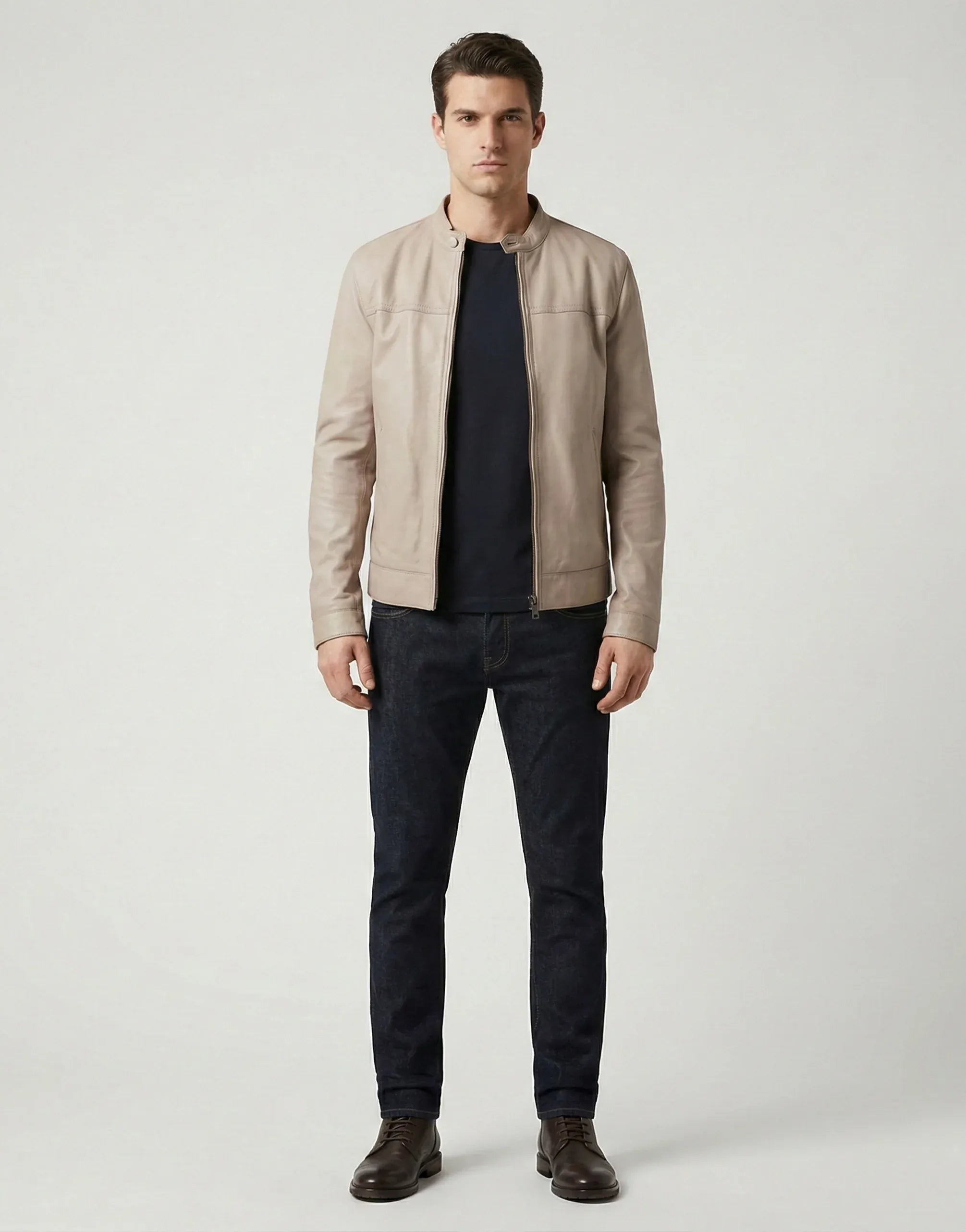 Dolce & Gabbana Beige Leather Zip-Up Jacket - alternate view