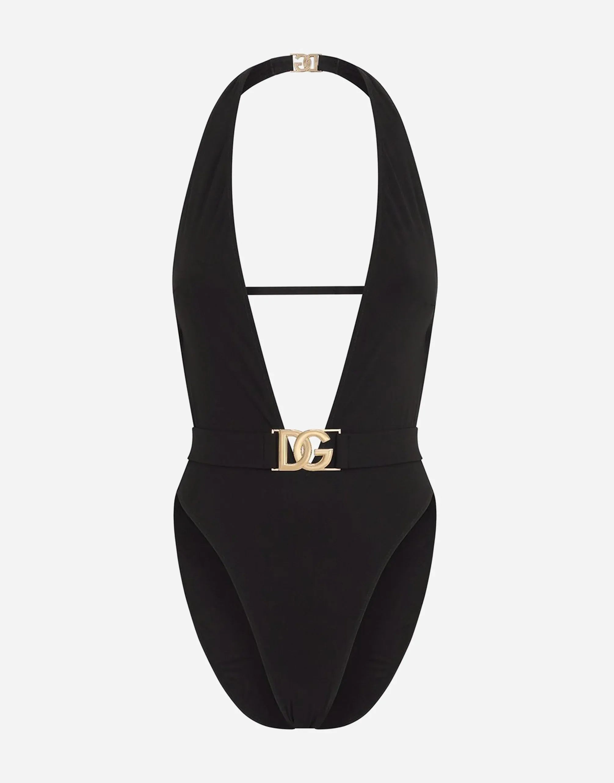 Dolce & Gabbana Black Belted Plunge-Neck Swimsuit