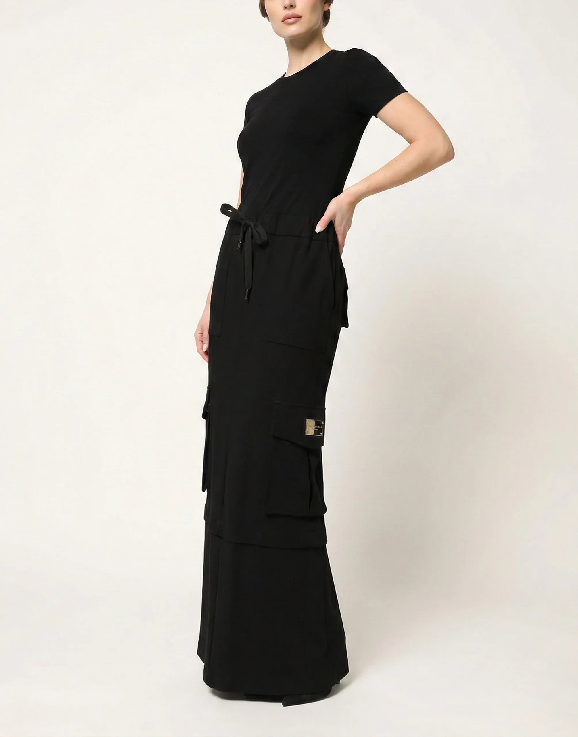 Dolce & Gabbana Black Cotton-Blend Drawstring Cargo Maxi Skirt