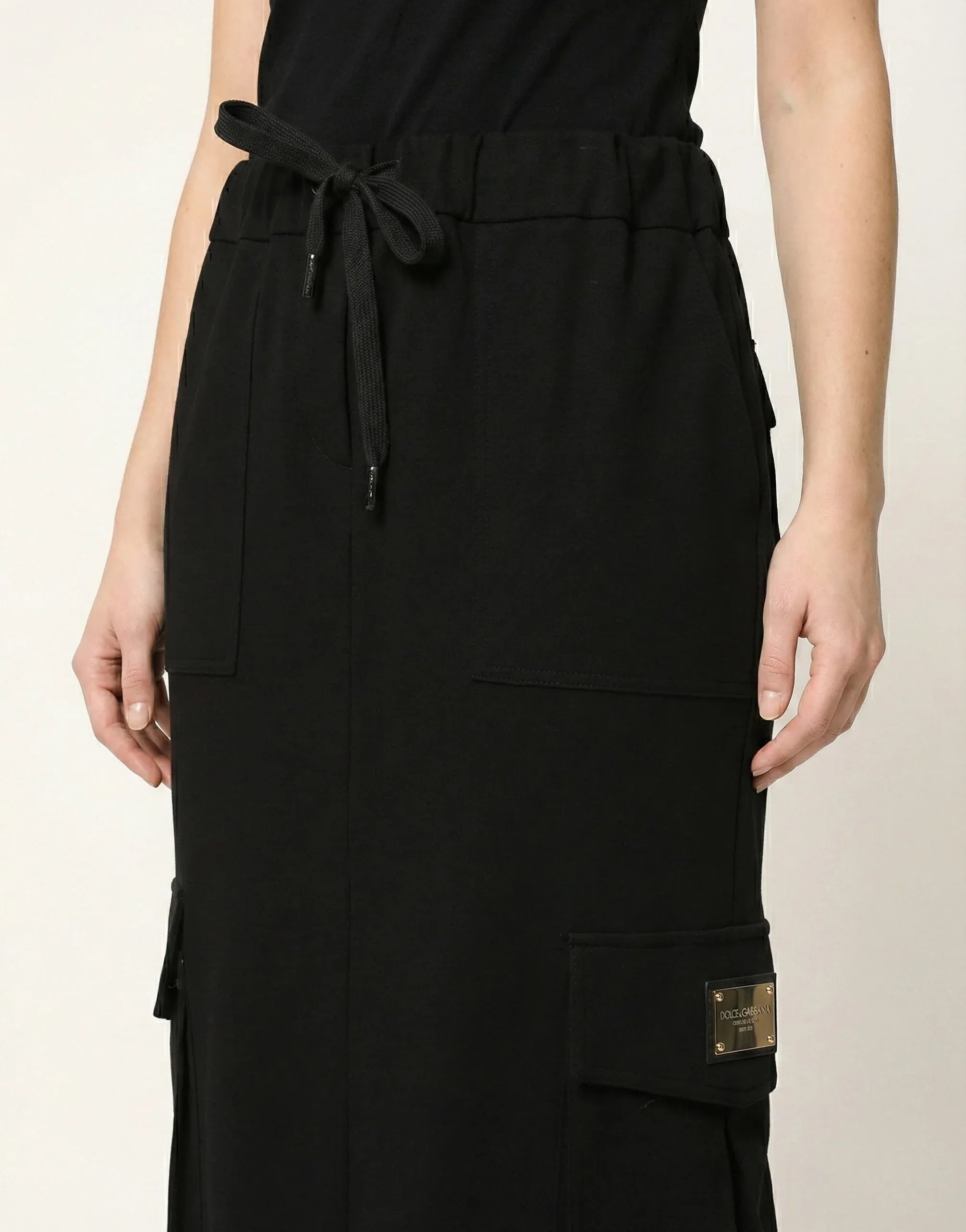 Dolce & Gabbana Black Cotton-Blend Drawstring Cargo Maxi Skirt