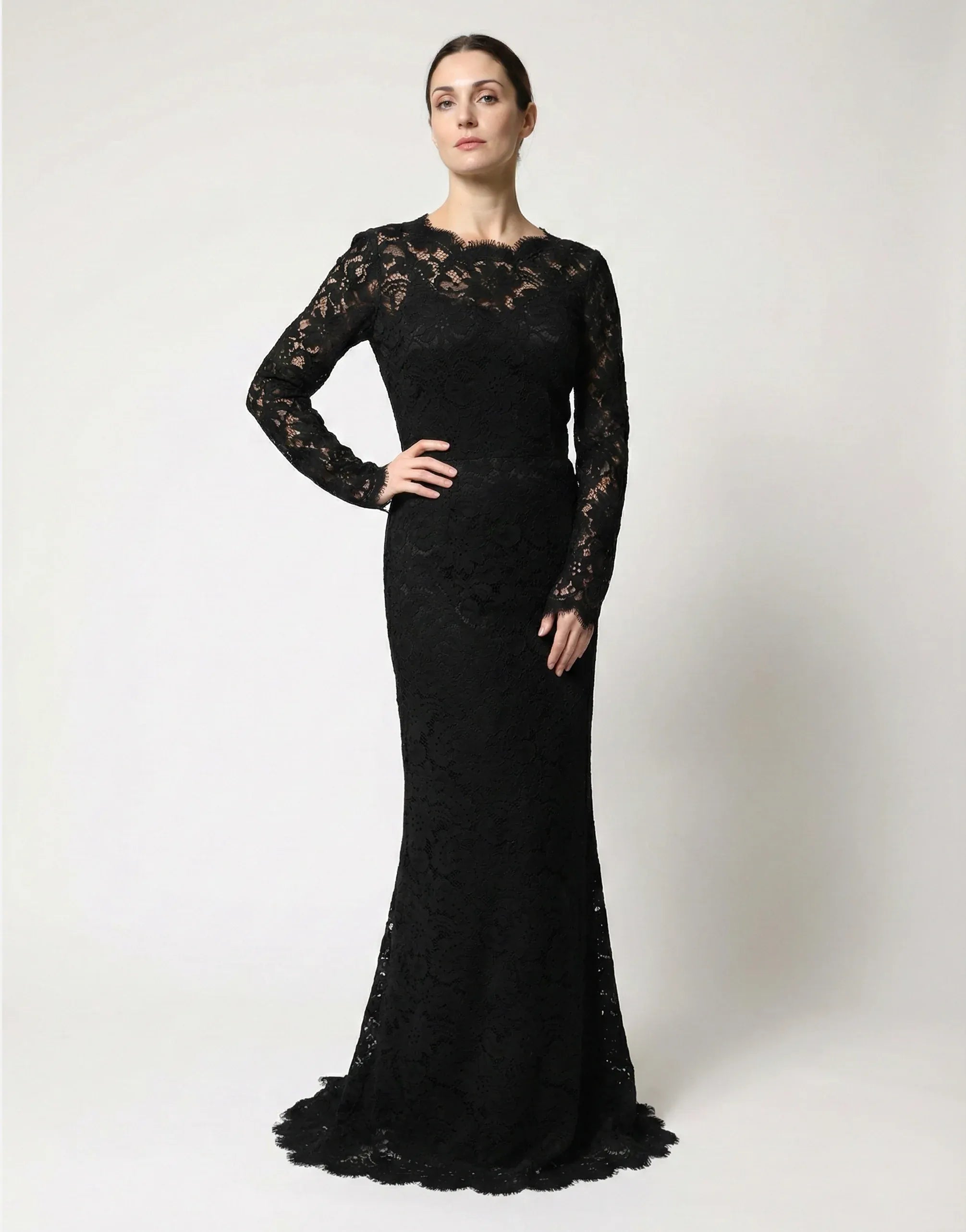 Dolce & Gabbana Black Lace Long-Sleeve Gown