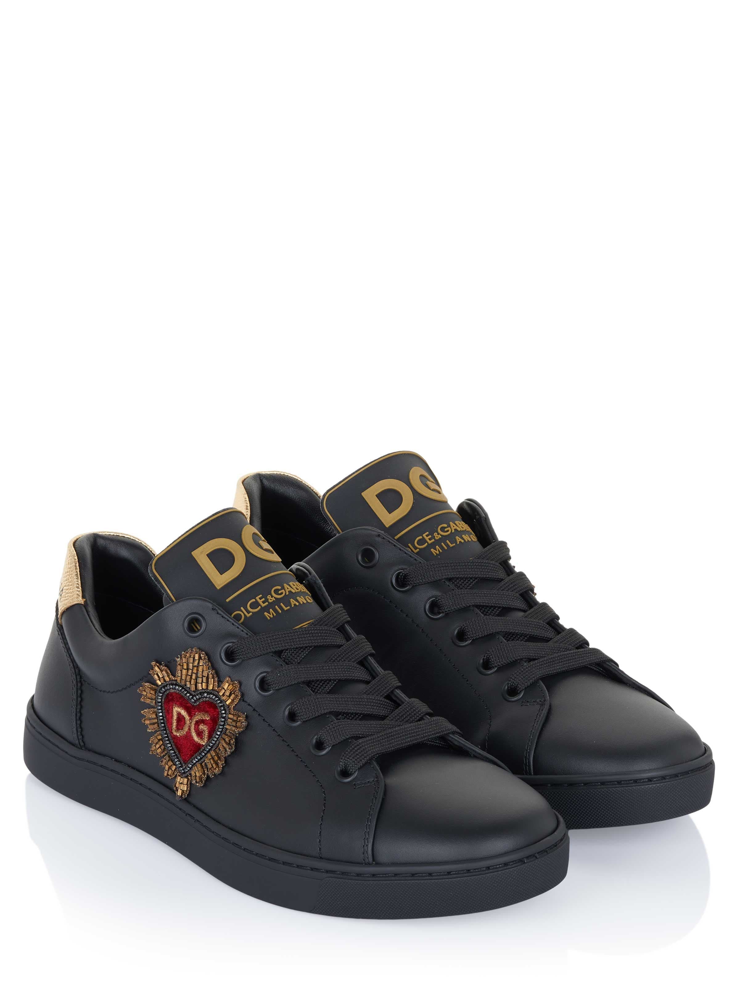 Dolce & Gabbana Black Sacred-Heart Embellished Leather Sneakers