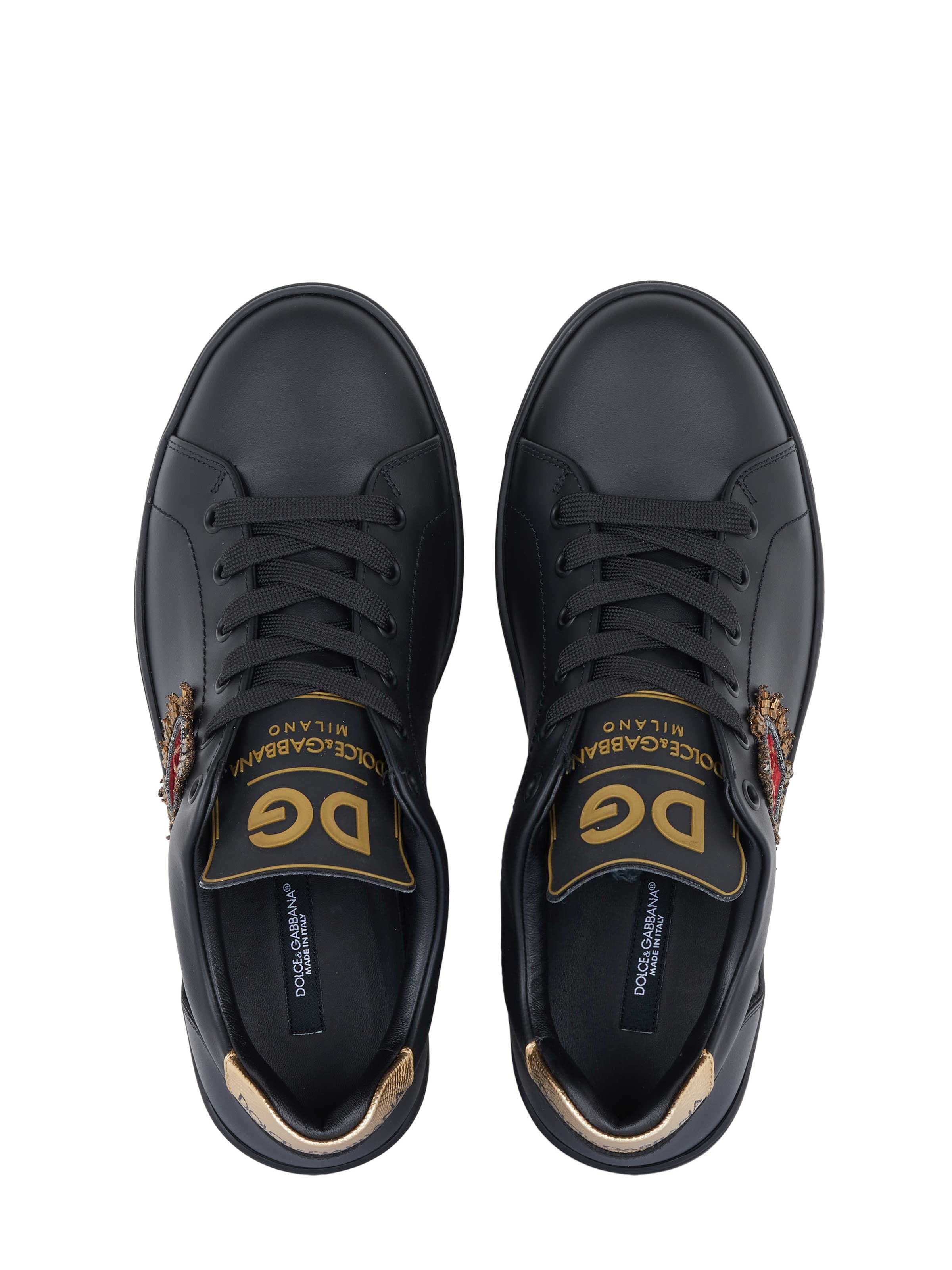 Dolce & Gabbana Black Sacred-Heart Embellished Leather Sneakers