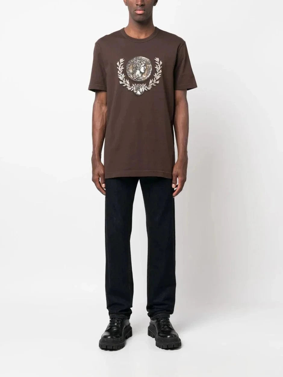 Dolce & Gabbana Brown Coin-Print Cotton T-Shirt