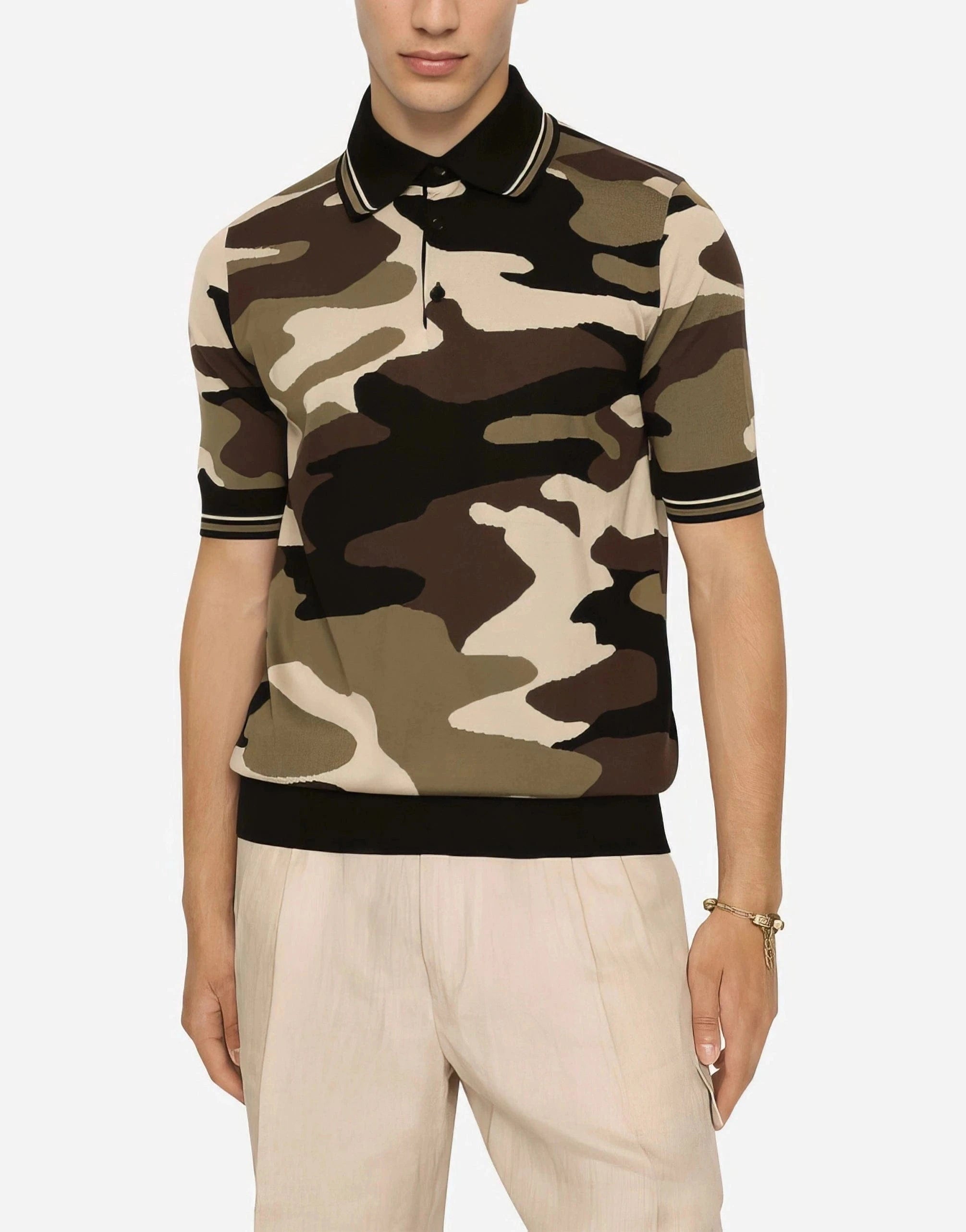 Dolce & Gabbana Camouflage-Print Silk Polo Shirt