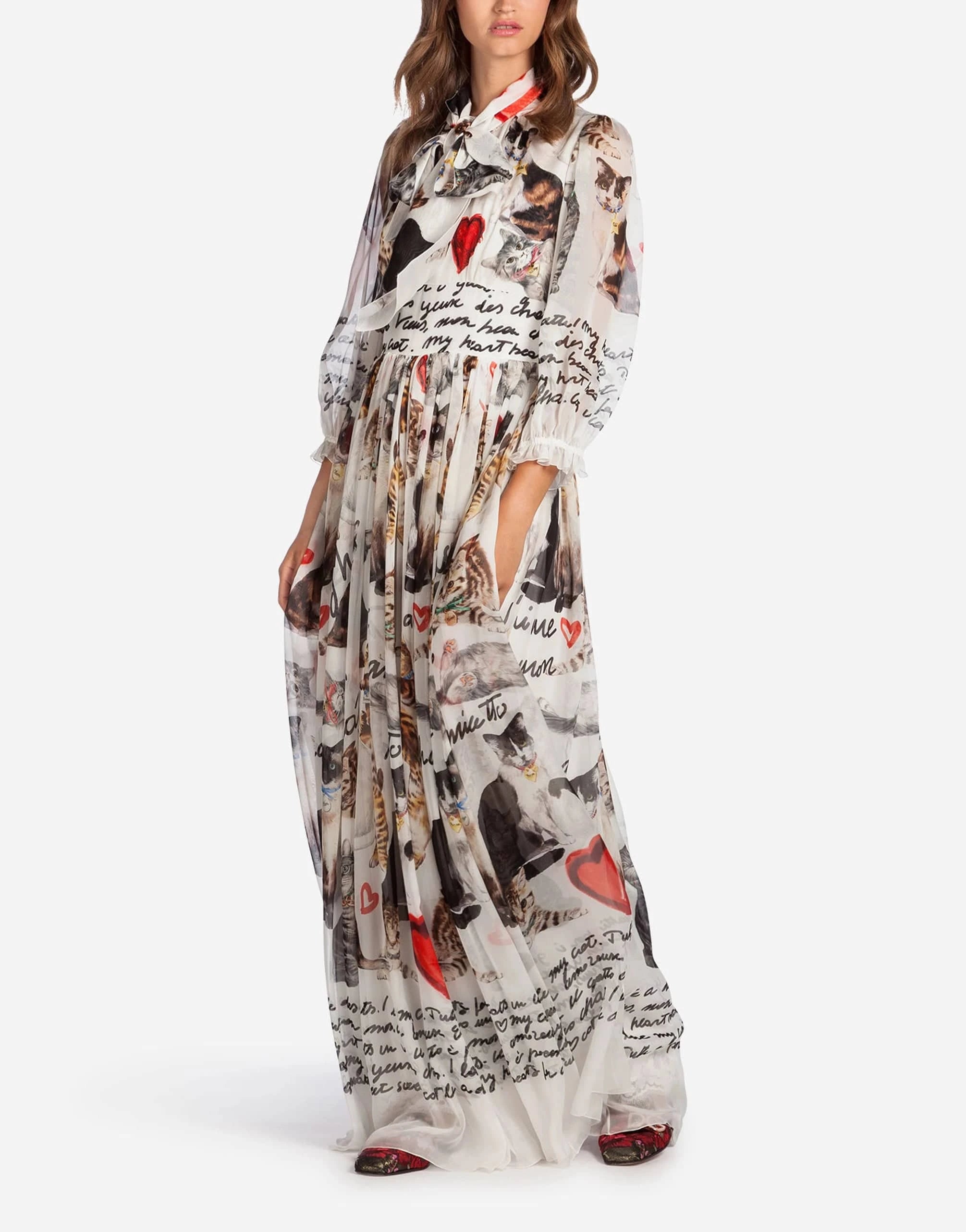 Dolce & Gabbana Cat-Print Tie-Neck Chiffon Gown