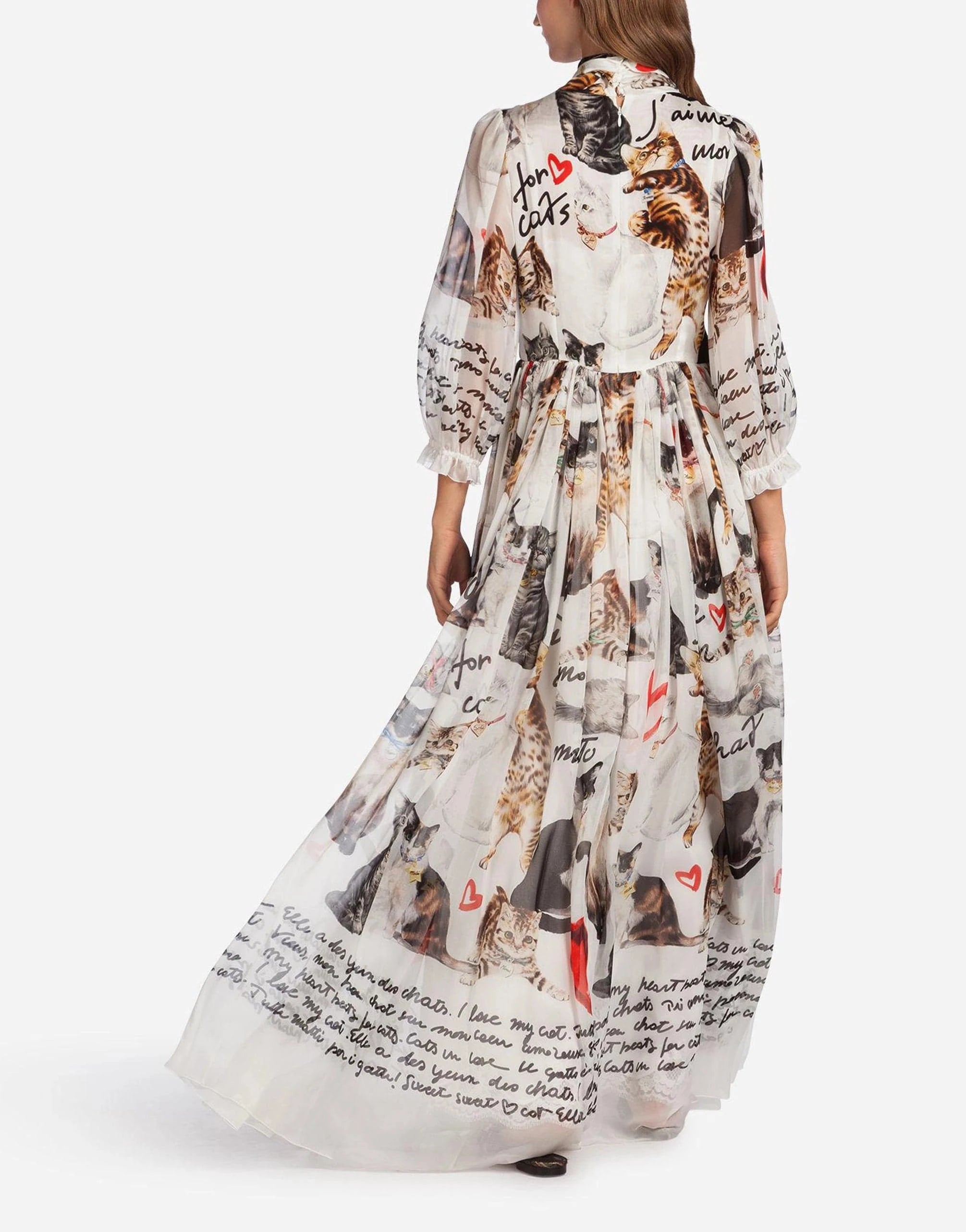 Dolce & Gabbana Cat-Print Tie-Neck Chiffon Gown