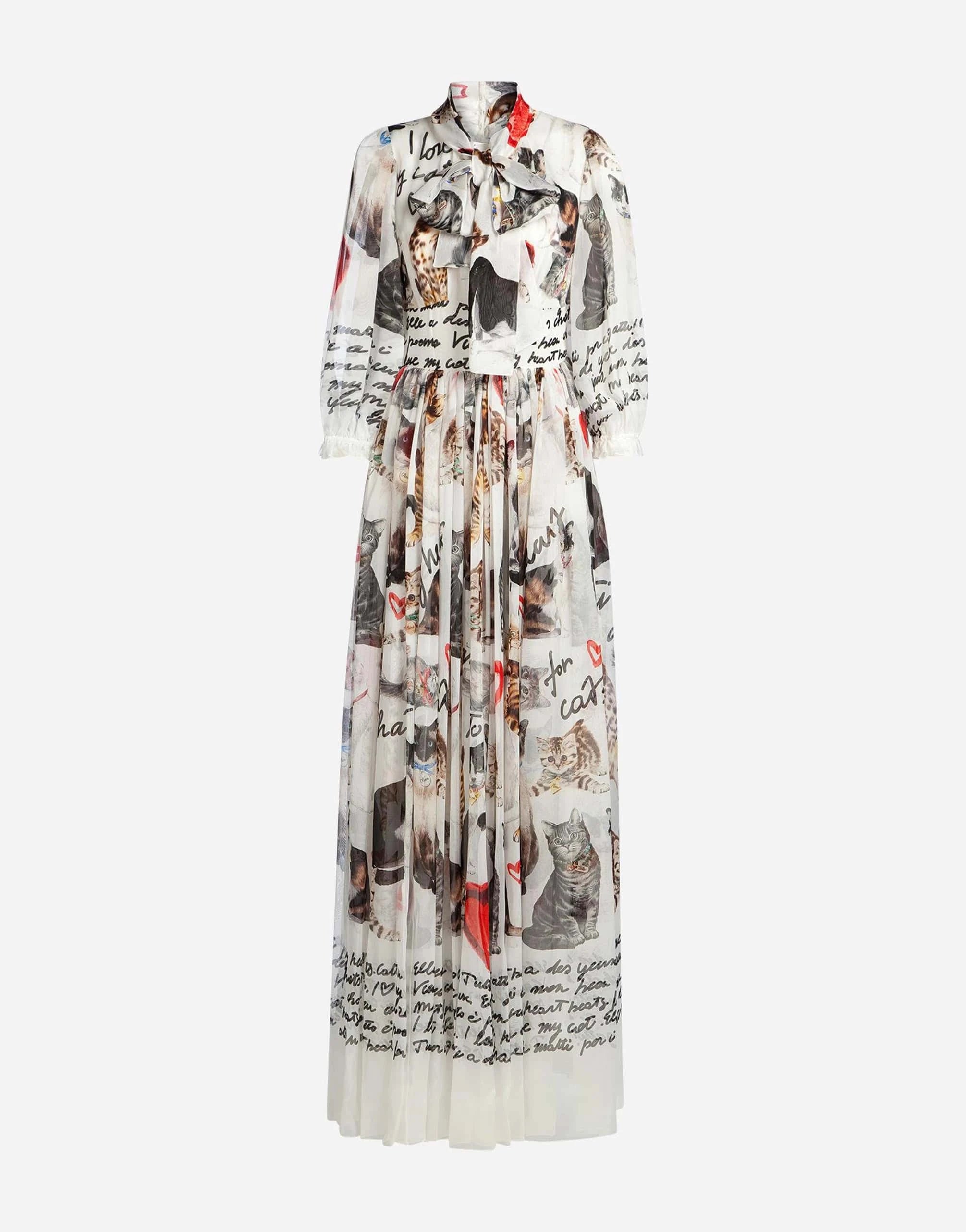 Dolce & Gabbana Cat-Print Tie-Neck Chiffon Gown