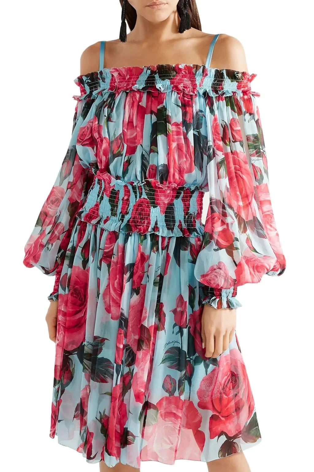 Dolce & Gabbana Cold-Shoulder Floral-Print Silk Dress