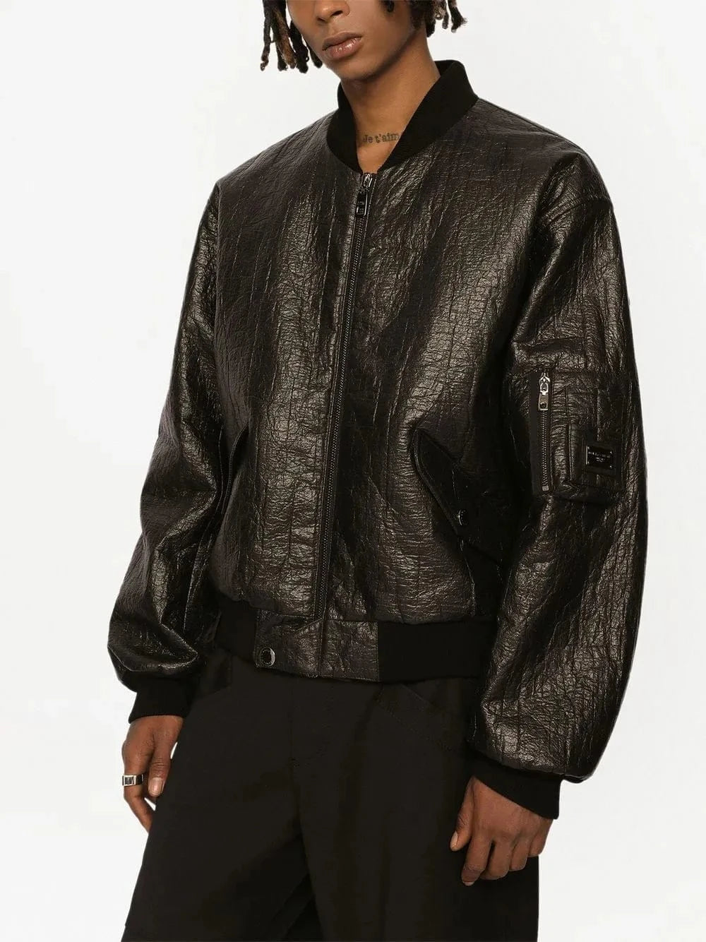 Dolce & Gabbana Crinkled-Finish Logo Bomber Jacket
