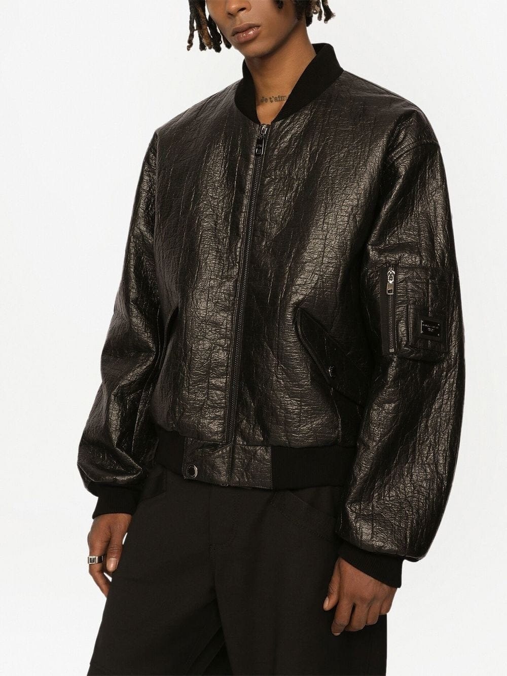 Dolce & Gabbana Crinkled-Finish Logo Plaque Bomber Jacket
