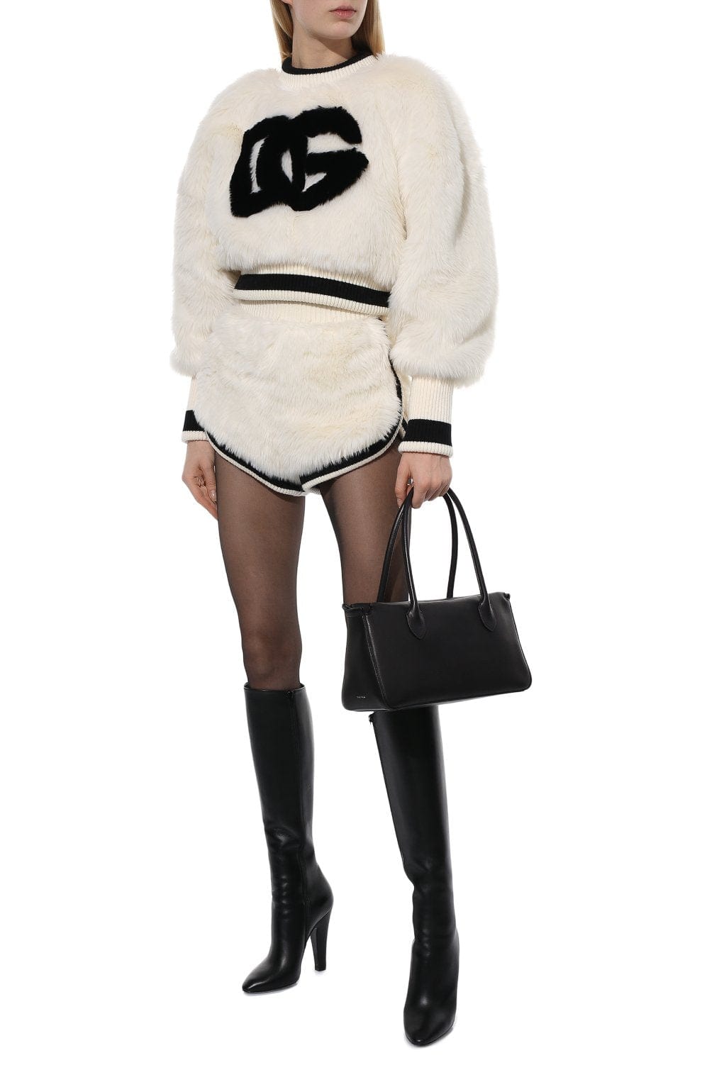 Dolce & Gabbana Cropped Faux Fur Logo Sweatshirt