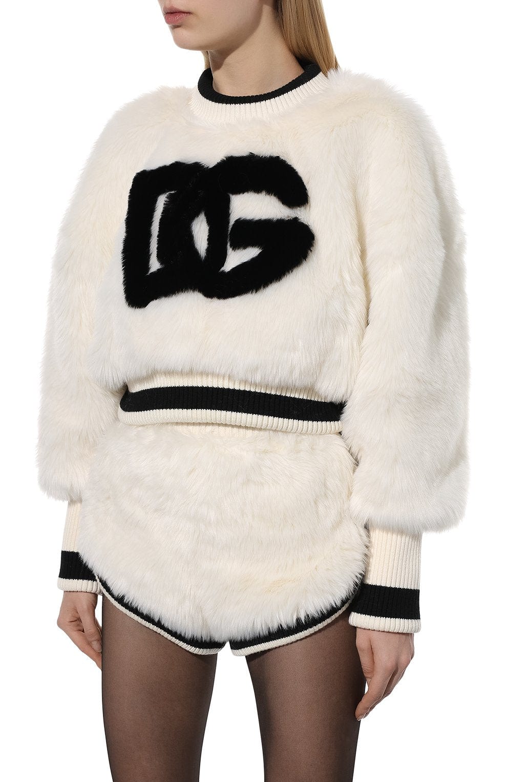 Dolce & Gabbana Cropped Faux Fur Logo Sweatshirt
