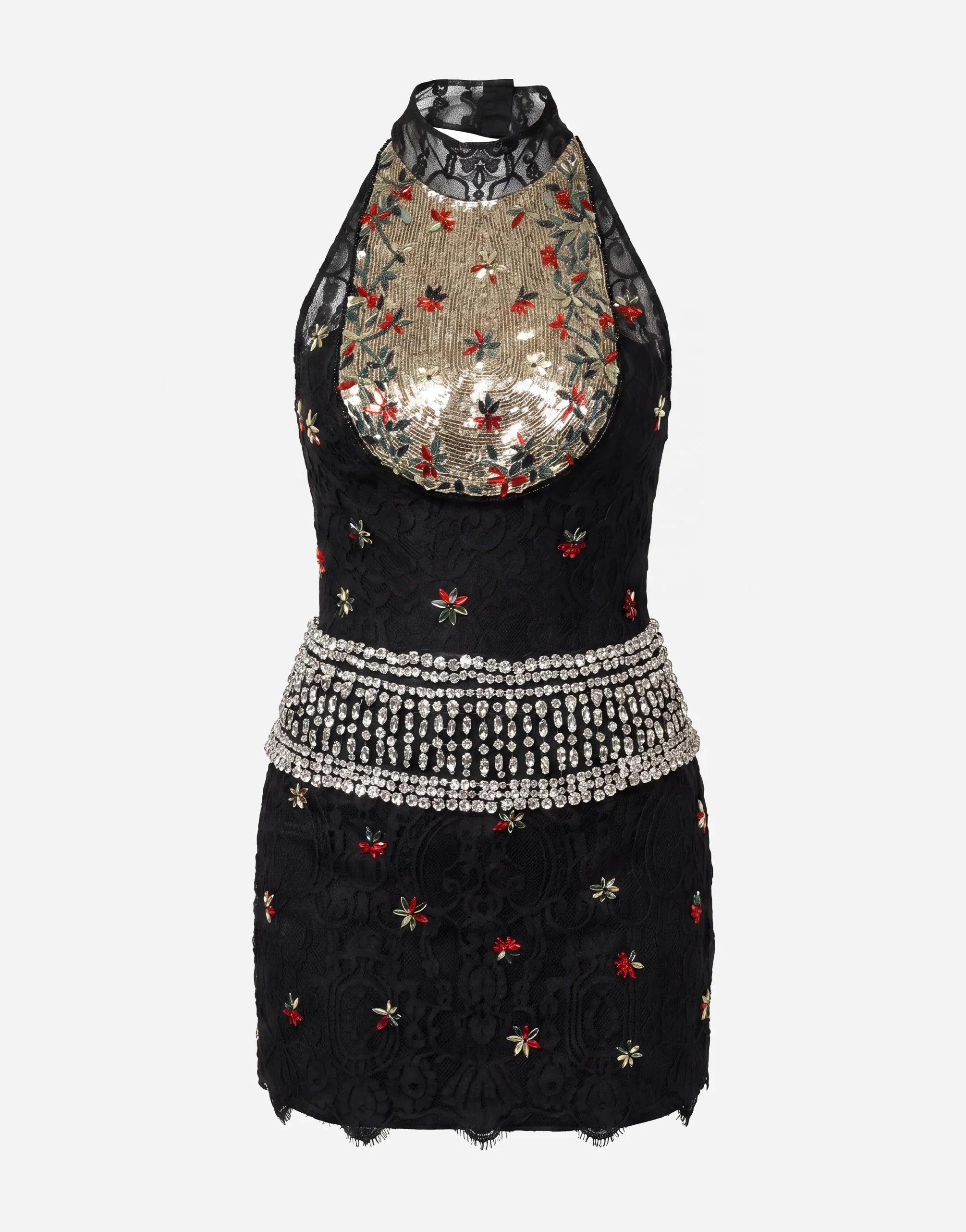 Dolce & Gabbana Crystal Embellished Lace Halter Mini Dress