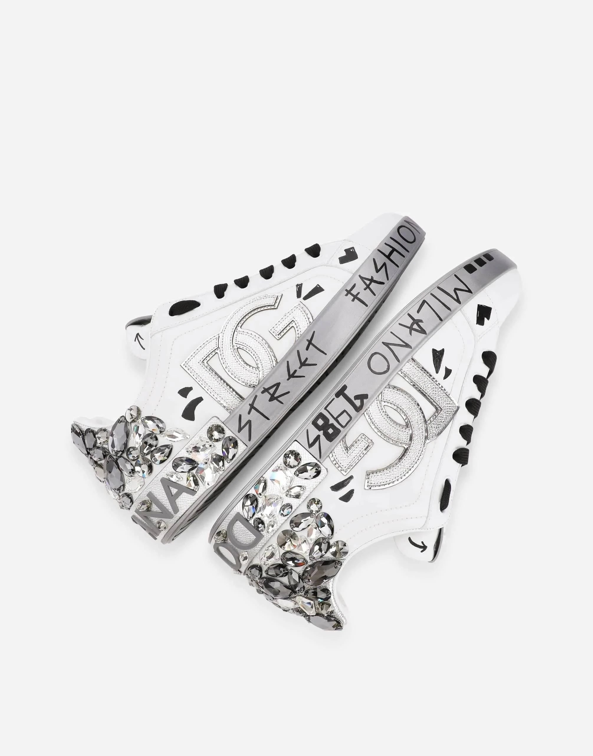Dolce & Gabbana Crystal-Embellished Logo White Portofino Sneakers