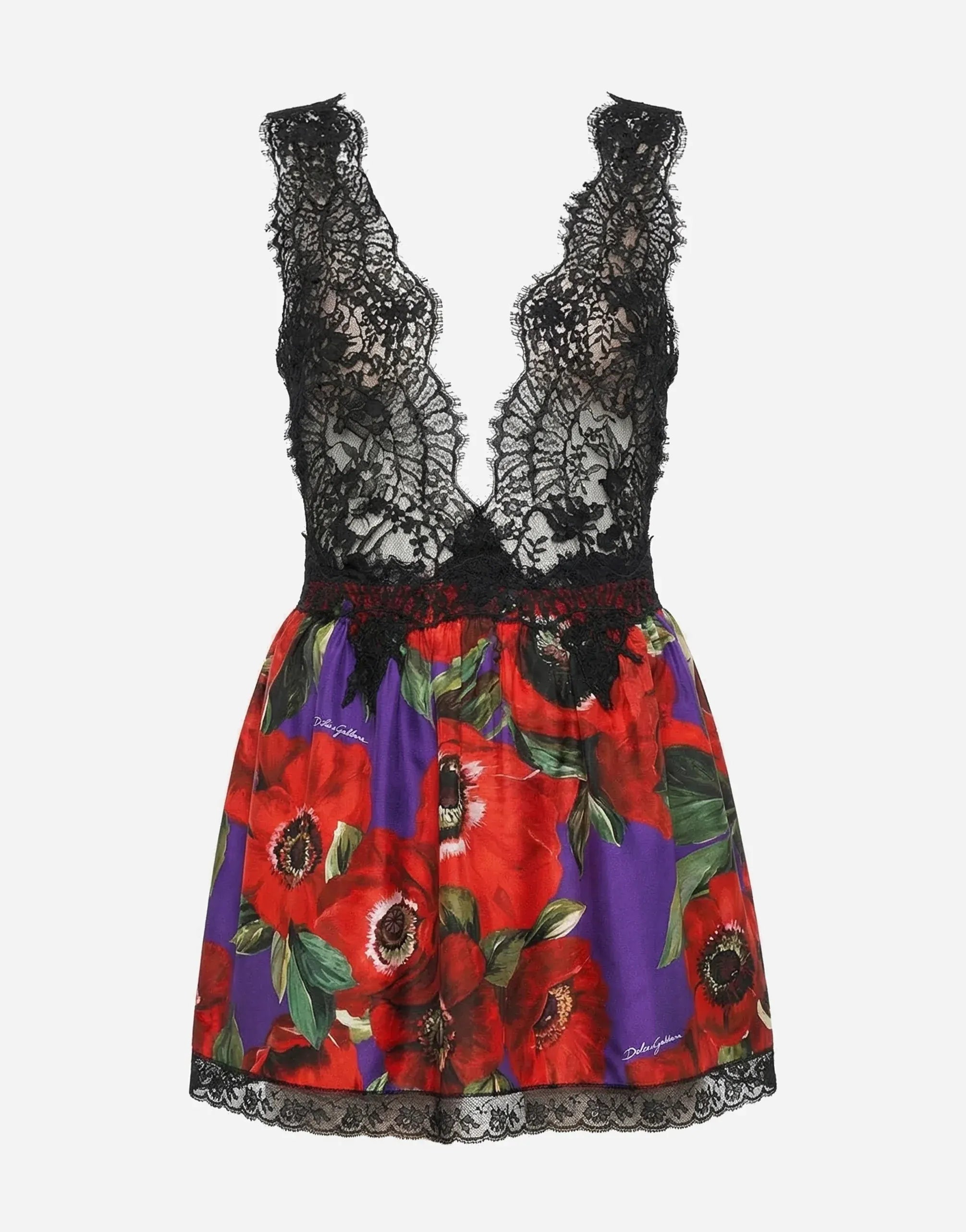 Dolce & Gabbana Deep V-Neck Floral Print Lace Mini Dress