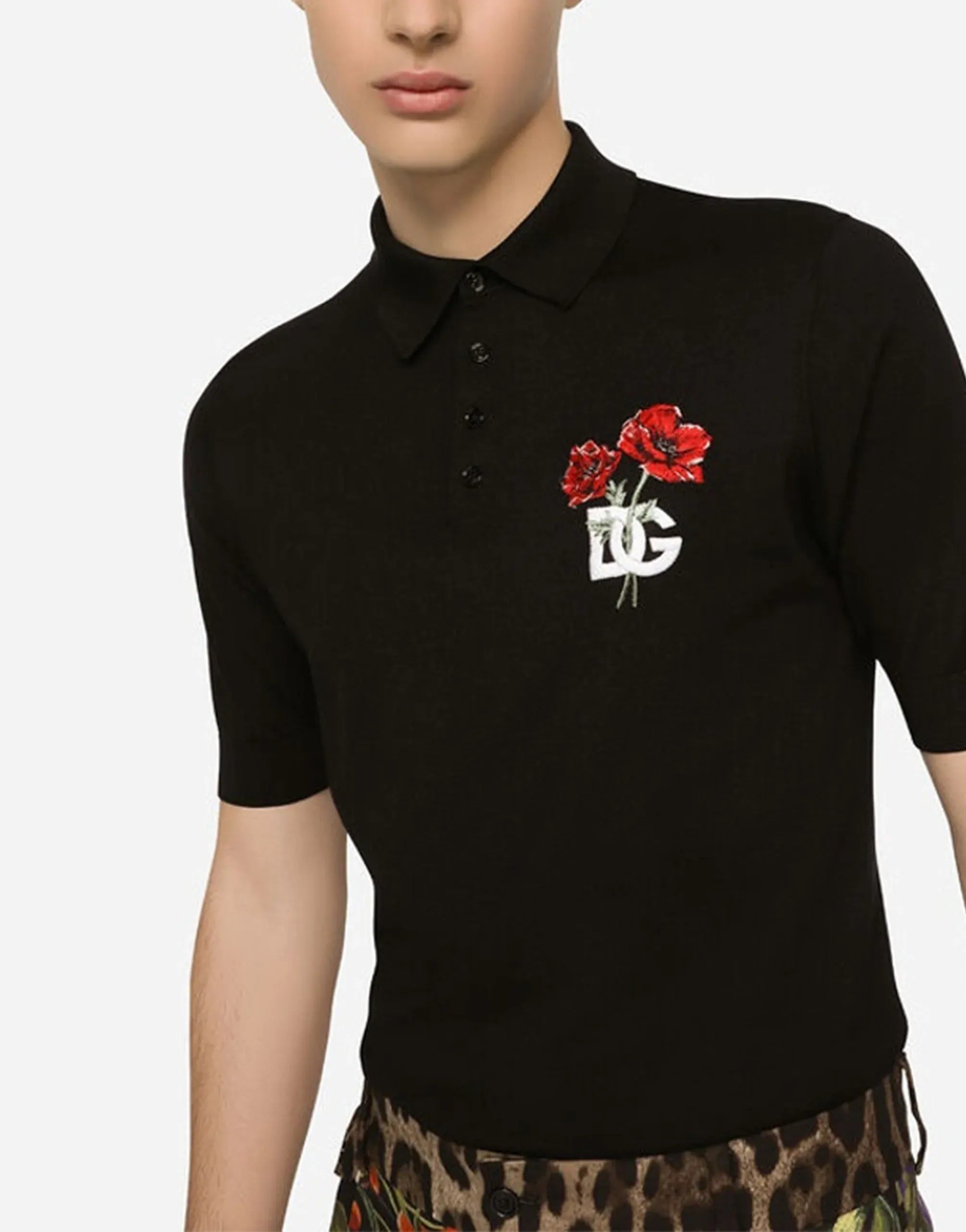 Dolce & Gabbana DG Floral Embroidery Wool Polo Shirt