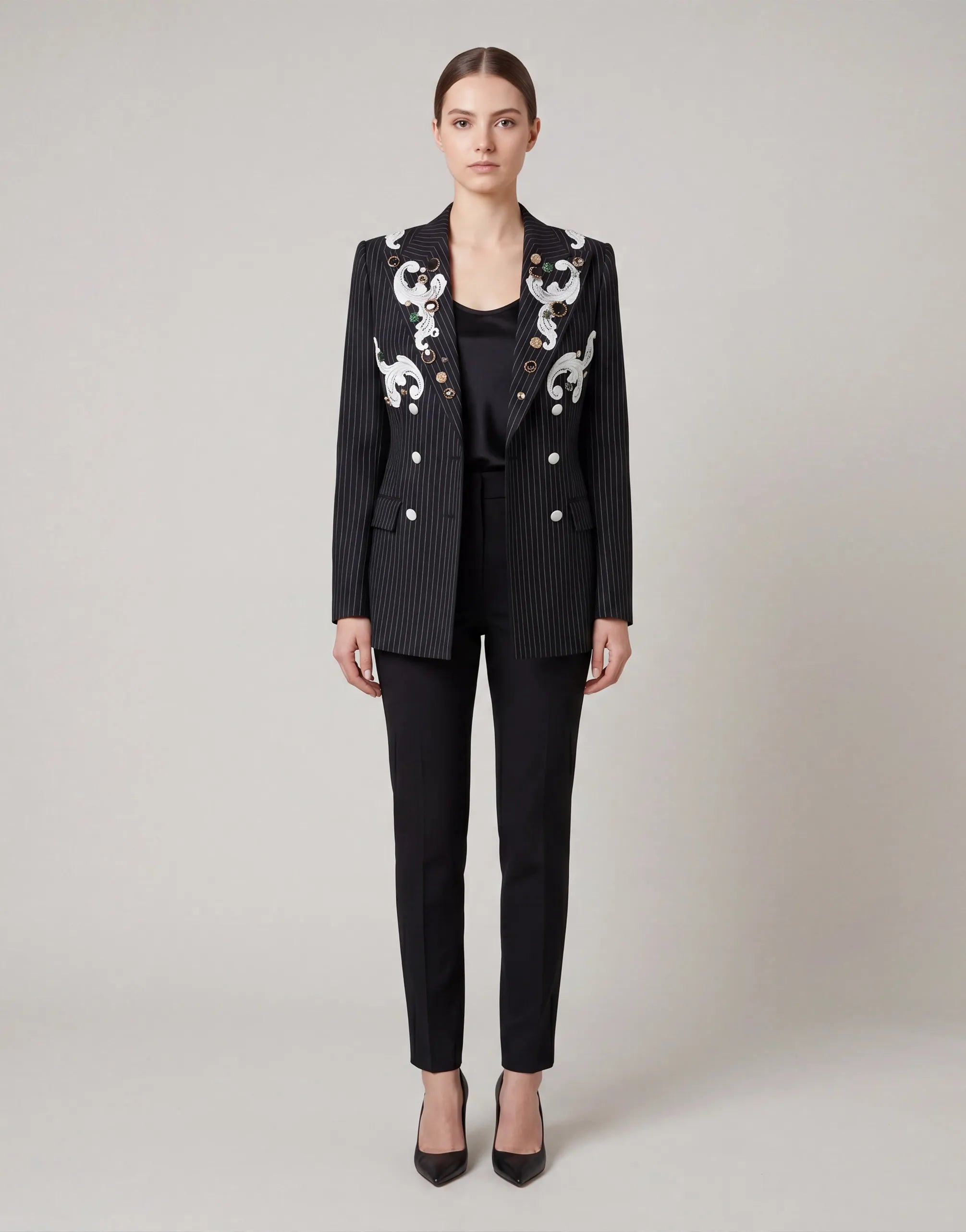 Embellished Pinstripe Double-Breasted Blazer - alternate view