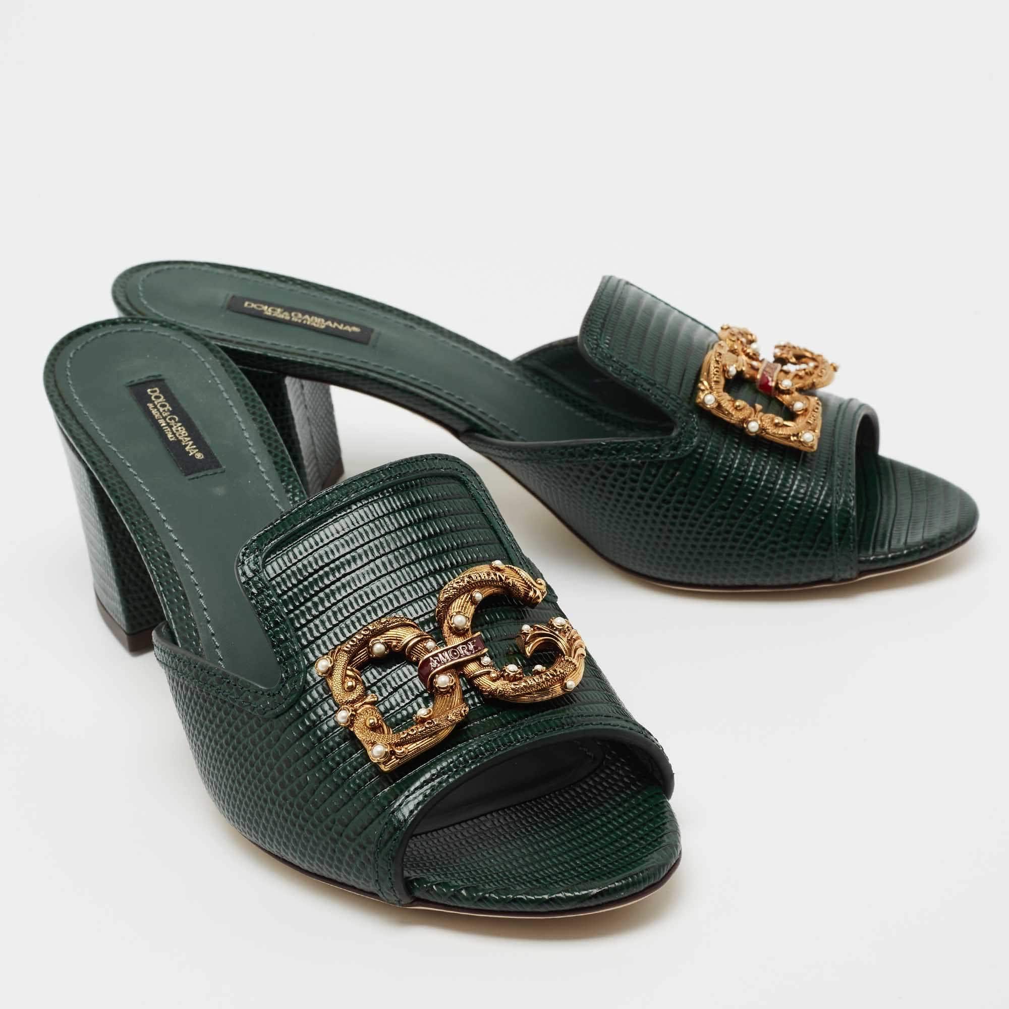 Dolce & Gabbana Embossed Lizard DG Amore Heeled Slides