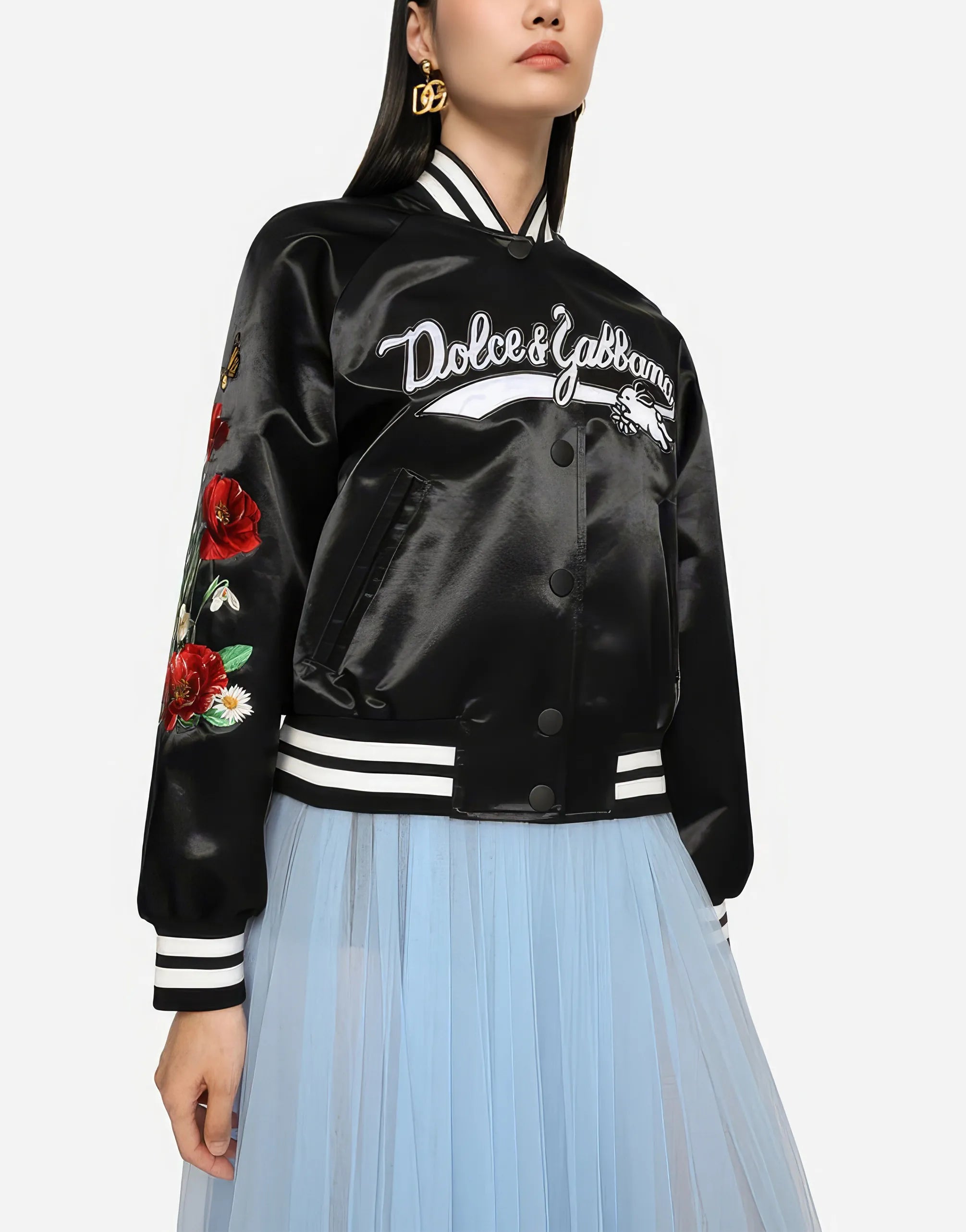 Dolce & Gabbana Embroidered Satin Varsity Jacket with Floral Detail