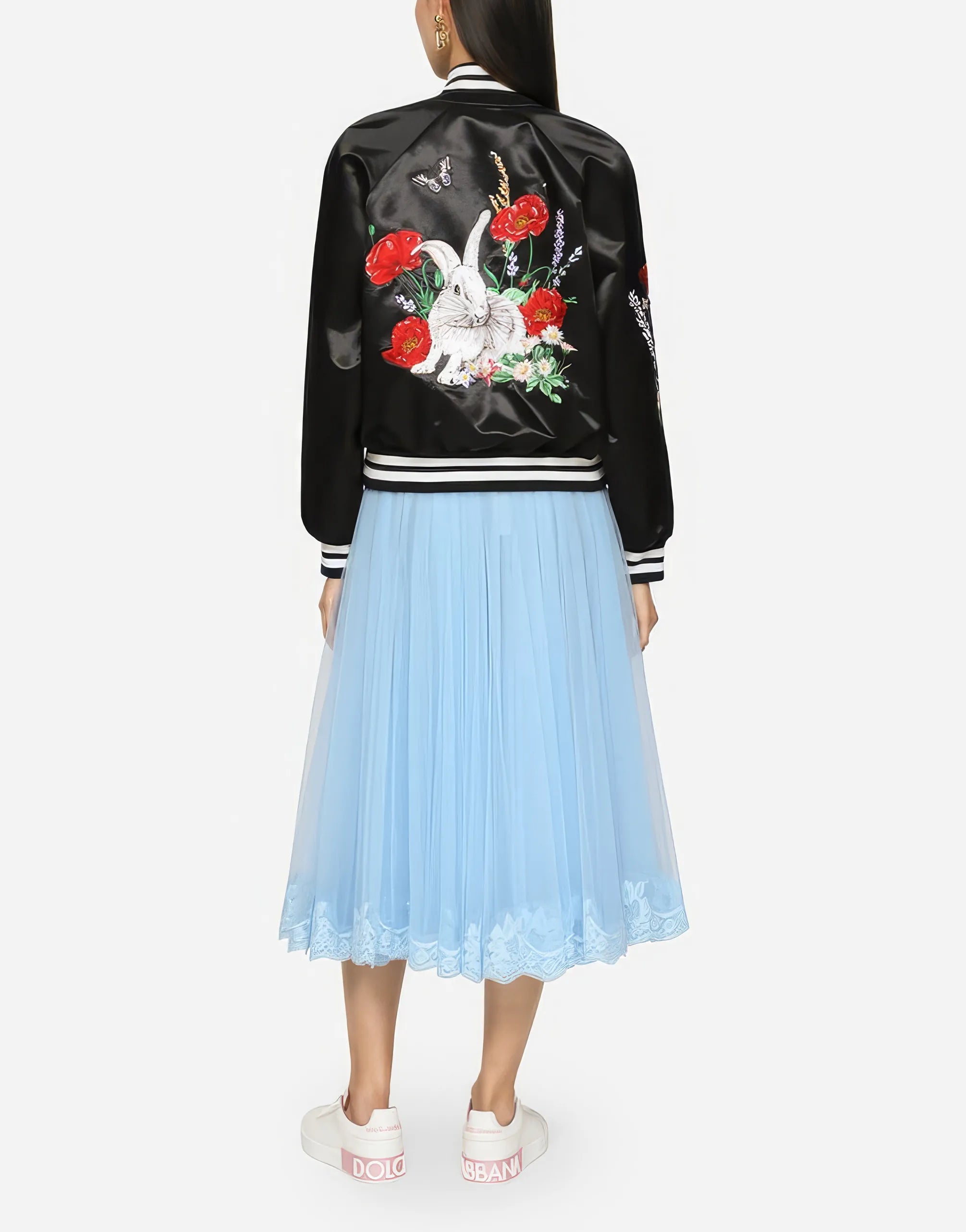 Dolce & Gabbana Embroidered Satin Varsity Jacket with Floral Detail