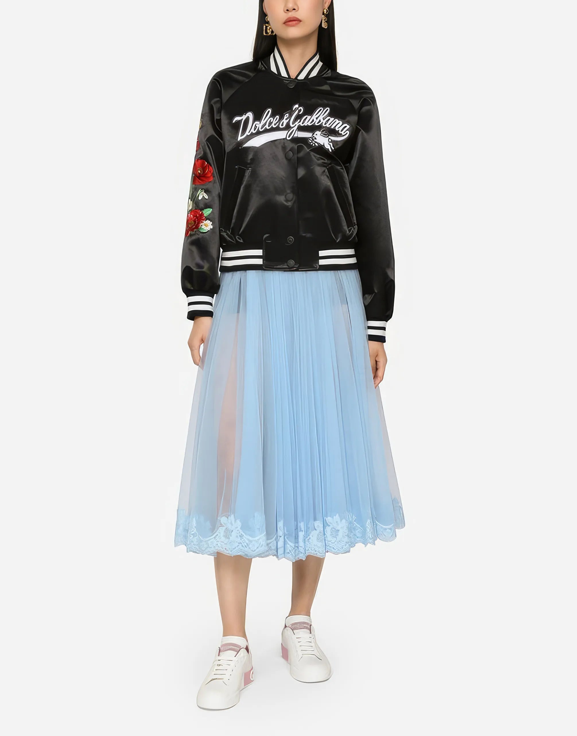 Dolce & Gabbana Embroidered Satin Varsity Jacket with Floral Detail