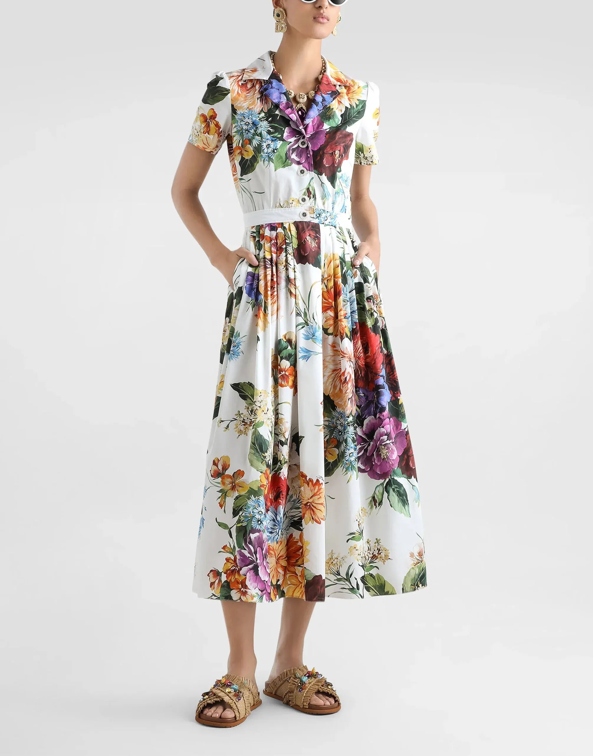Dolce & Gabbana Floral Bouquet-Print Poplin Dress