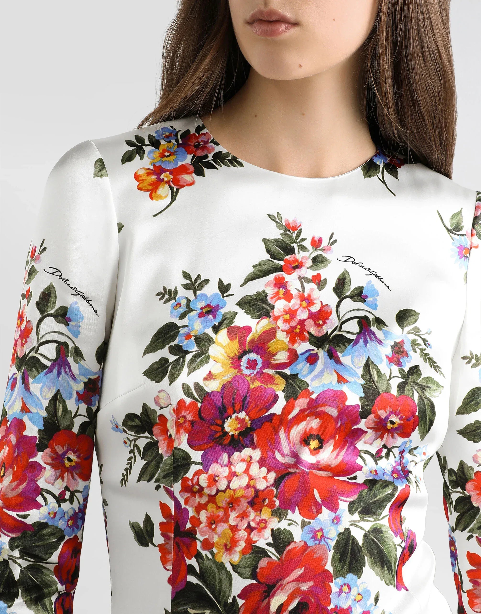 Dolce & Gabbana Floral Bouquet-Print Satin Sheath Dress