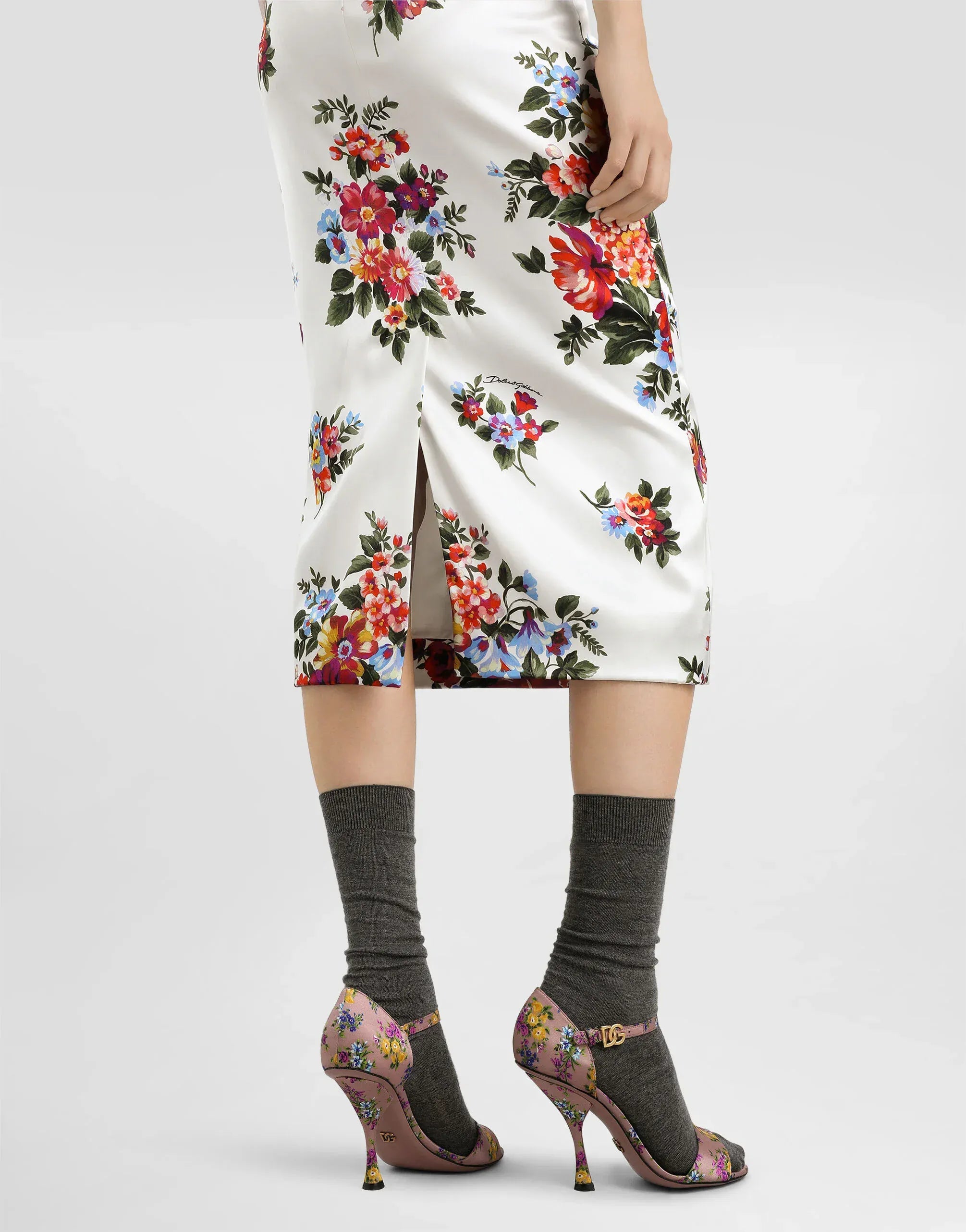 Dolce & Gabbana Floral Bouquet-Print Satin Sheath Dress