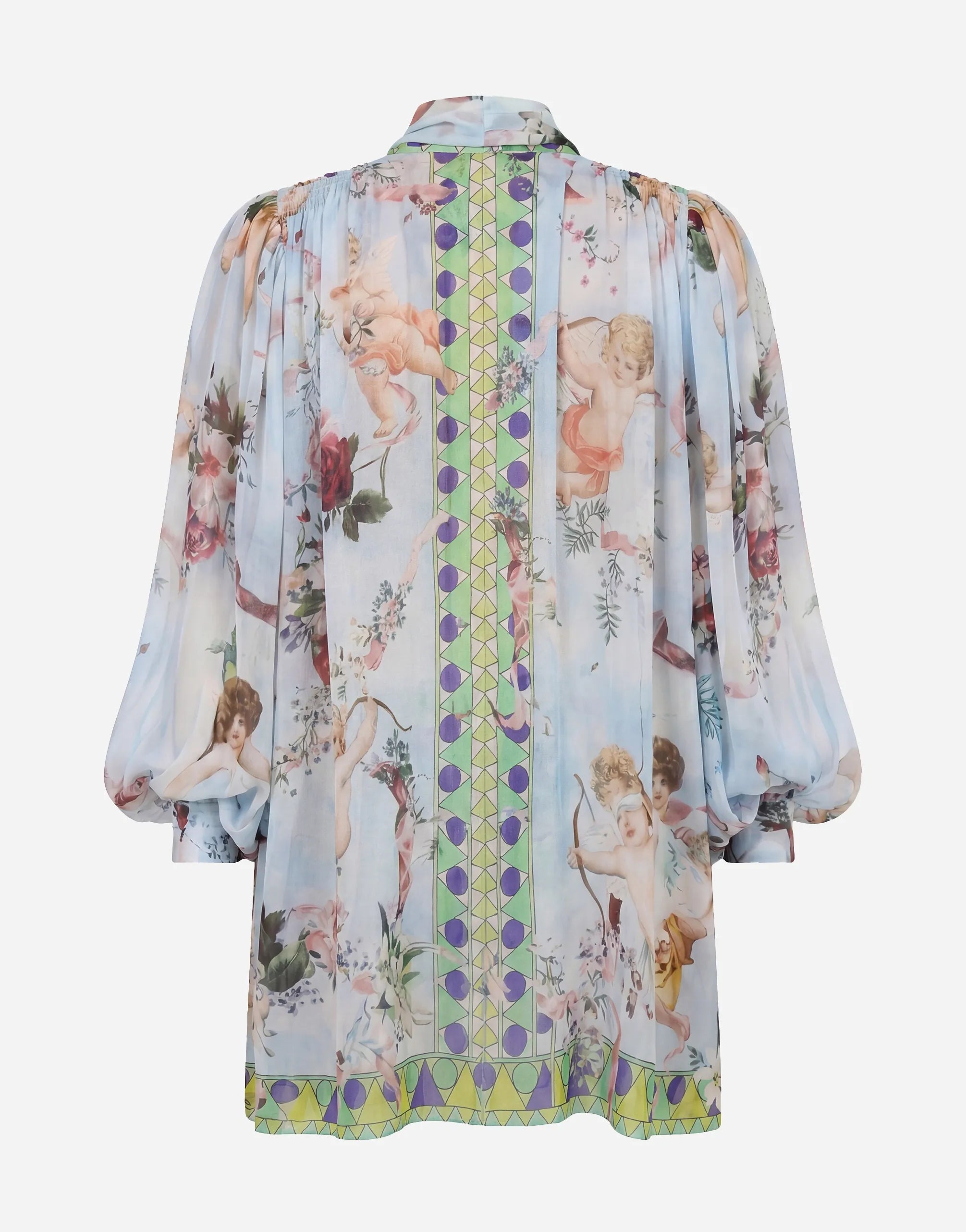 Dolce & Gabbana Floral Cherub Print Silk Tie-Neck Blouse - alternate view