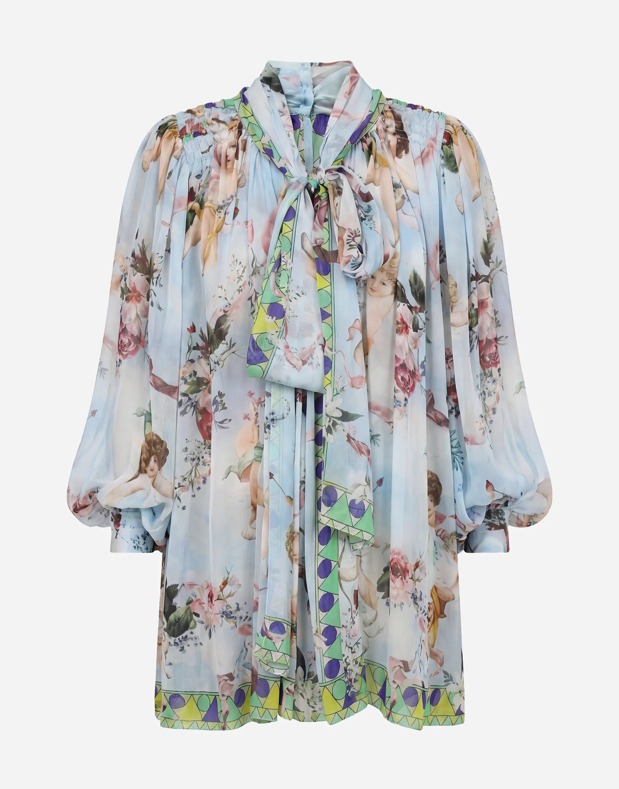 Dolce & Gabbana Floral Cherub Print Silk Tie-Neck Blouse