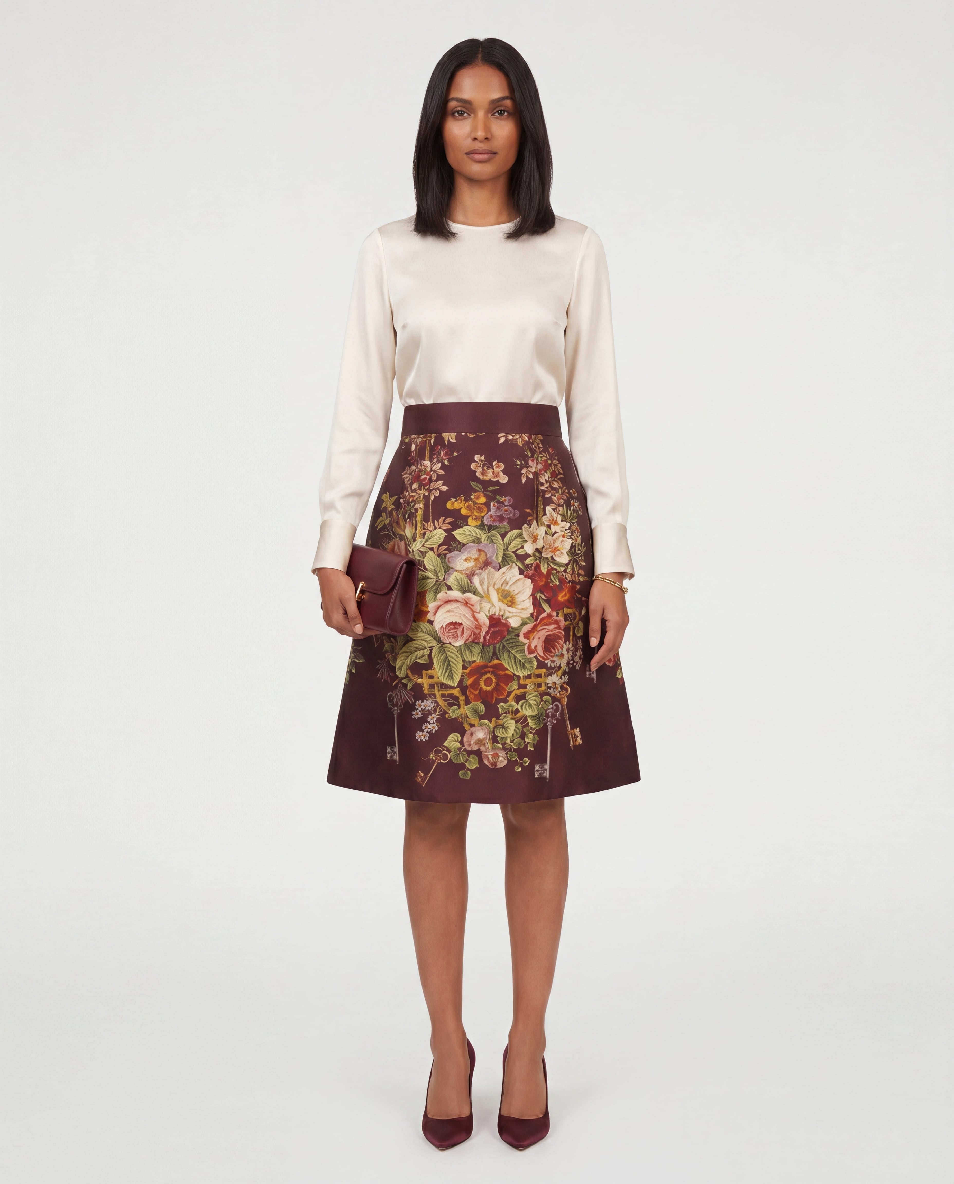 Dolce & Gabbana Floral Key Print A-Line Silk-Blend Skirt - alternate view