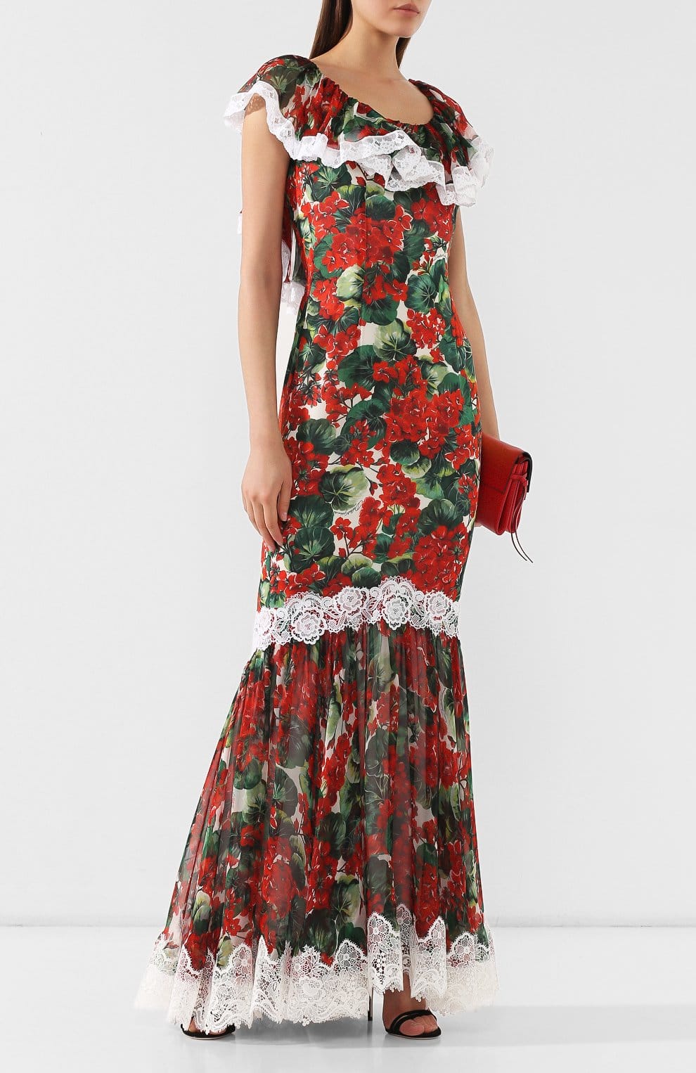 Dolce & Gabbana Dolce & Gabbana Floral Lace Trim Off Shoulder Maxi Dress