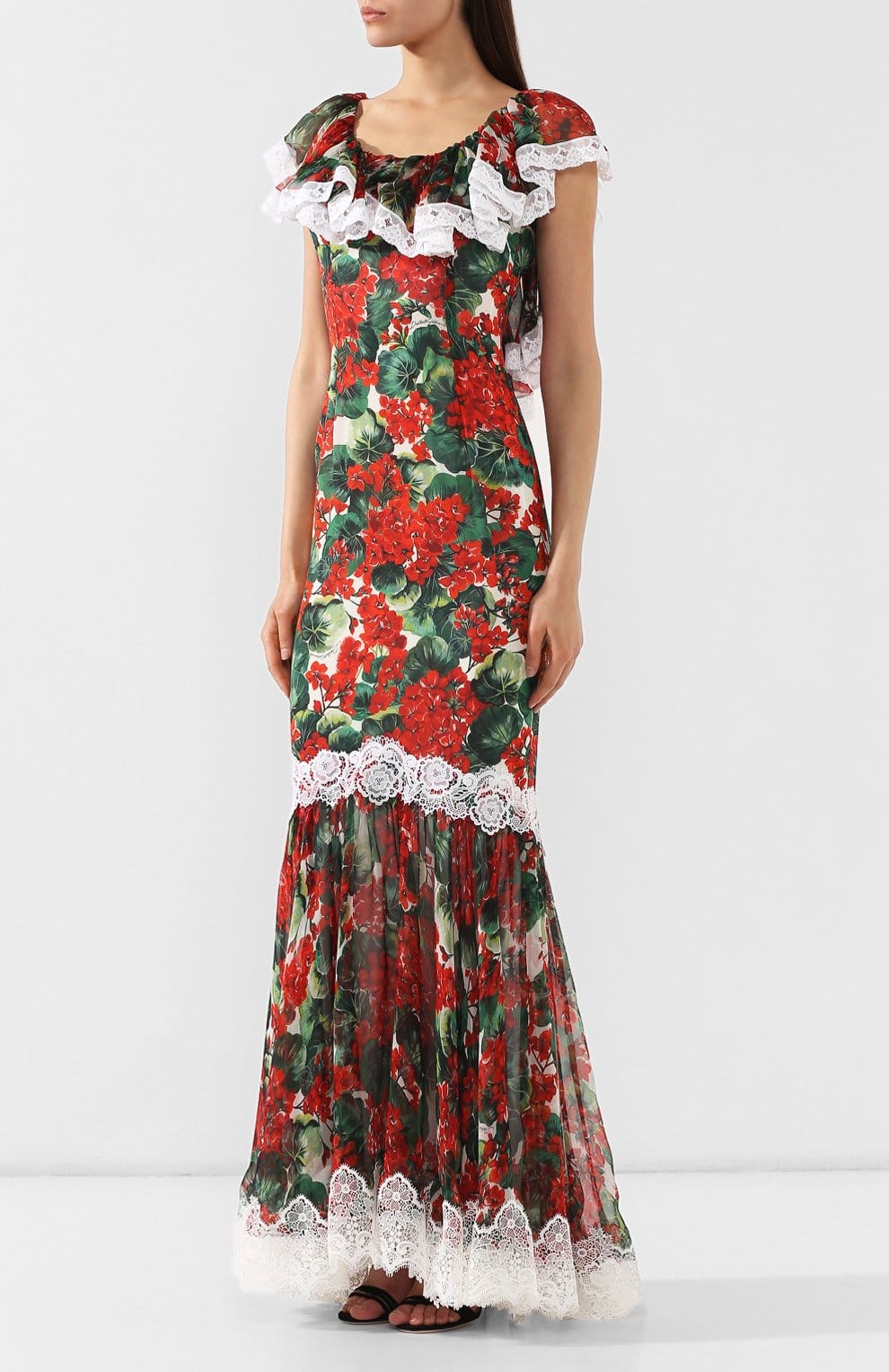 Dolce & Gabbana Dolce & Gabbana Floral Lace Trim Off Shoulder Maxi Dress