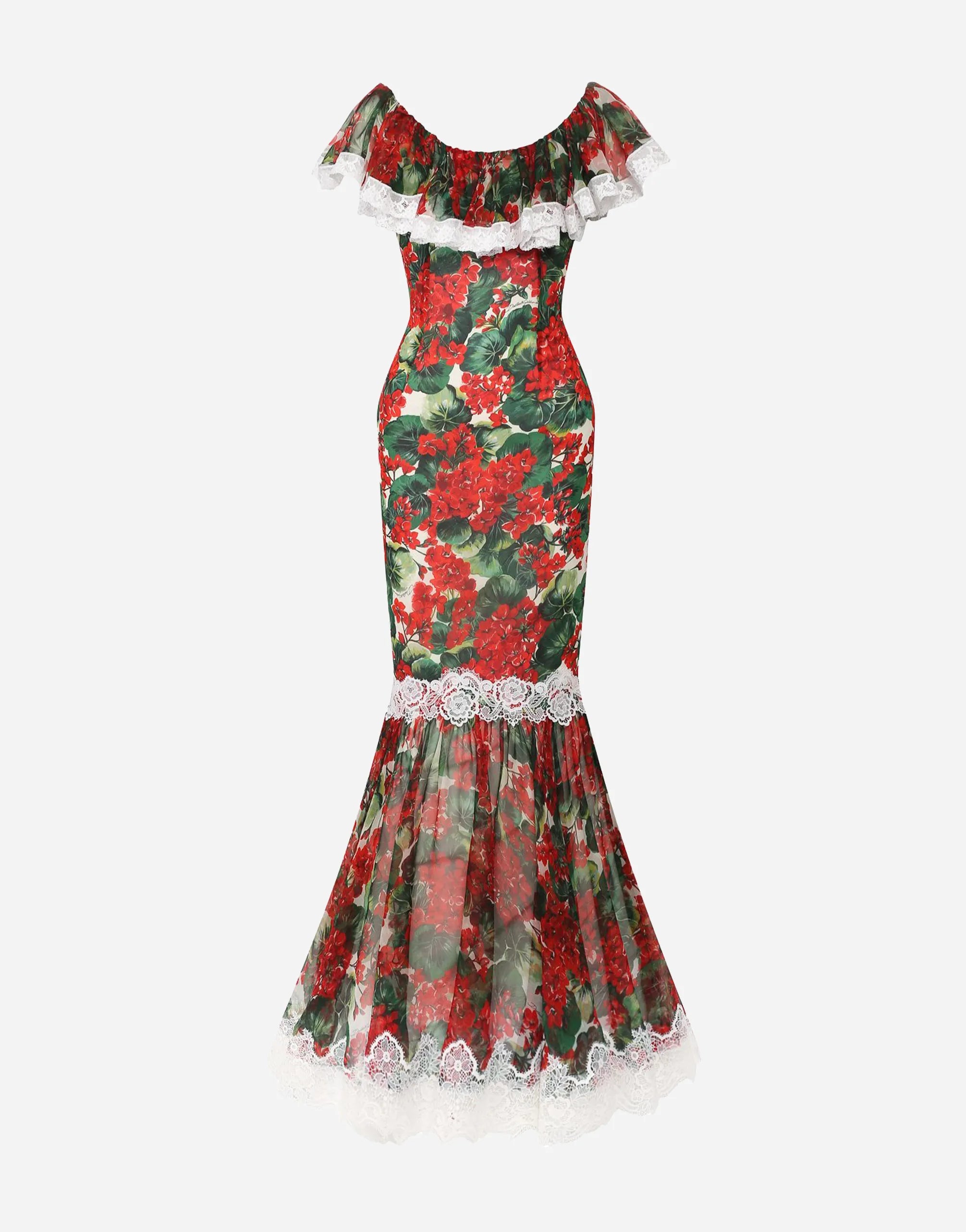 Dolce & Gabbana Dolce & Gabbana Floral Lace Trim Off Shoulder Maxi Dress