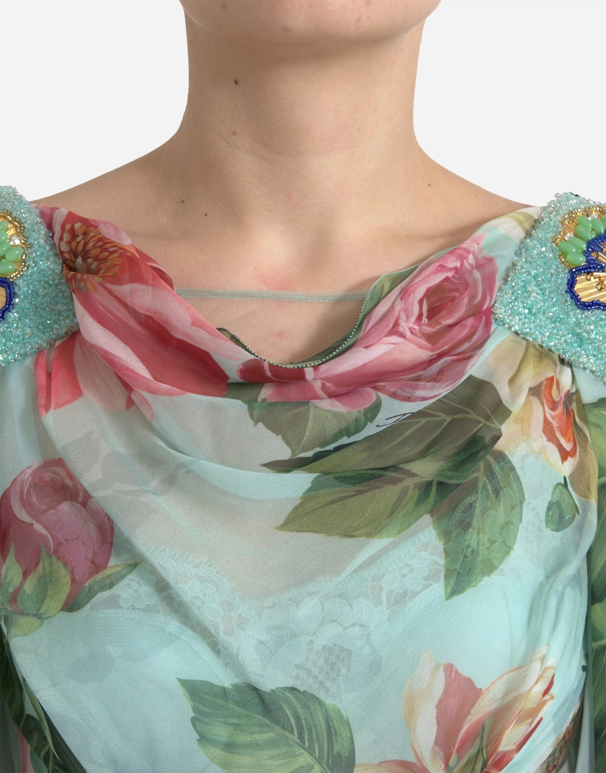 Dolce & Gabbana Floral Print Embellished Draped Neck Dress