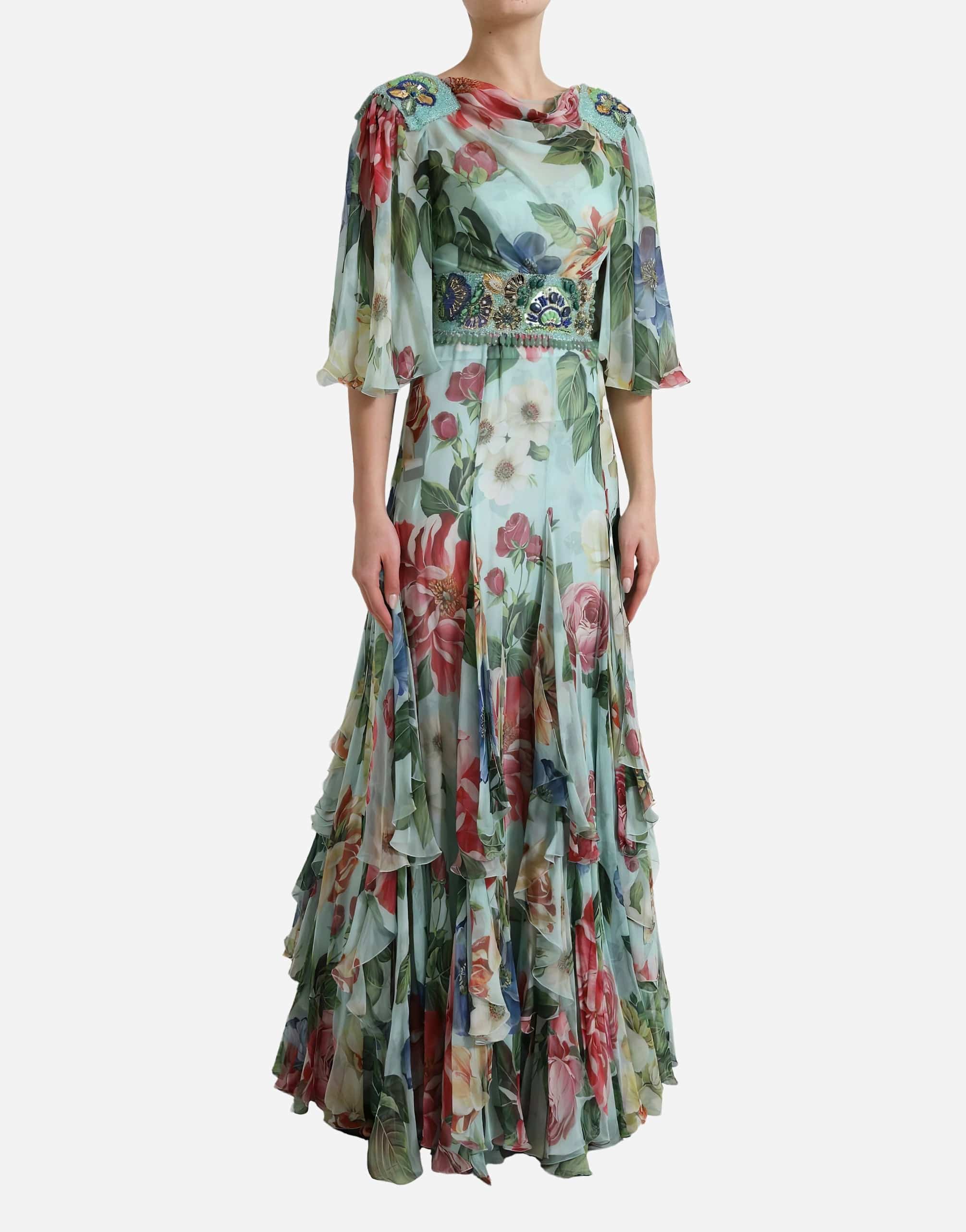Dolce & Gabbana Floral Print Embellished Draped Neck Dress