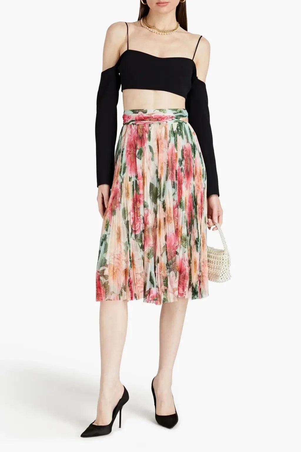 Dolce & Gabbana Floral-Print Pleated Silk Skirt