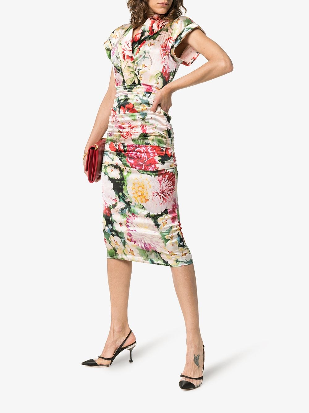 Dolce & Gabbana Floral Print V-Neck Silk Blend Midi Dress
