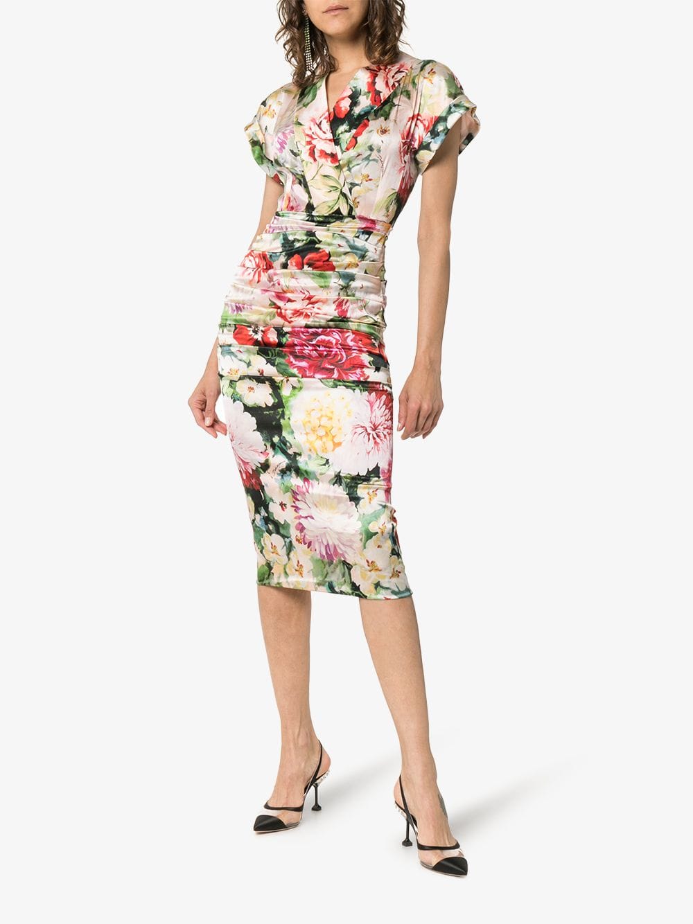 Dolce & Gabbana Floral Print V-Neck Silk Blend Midi Dress