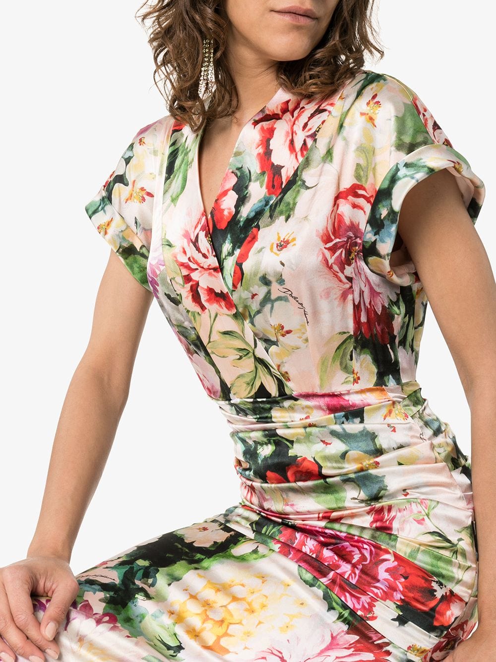 Dolce & Gabbana Floral Print V-Neck Silk Blend Midi Dress