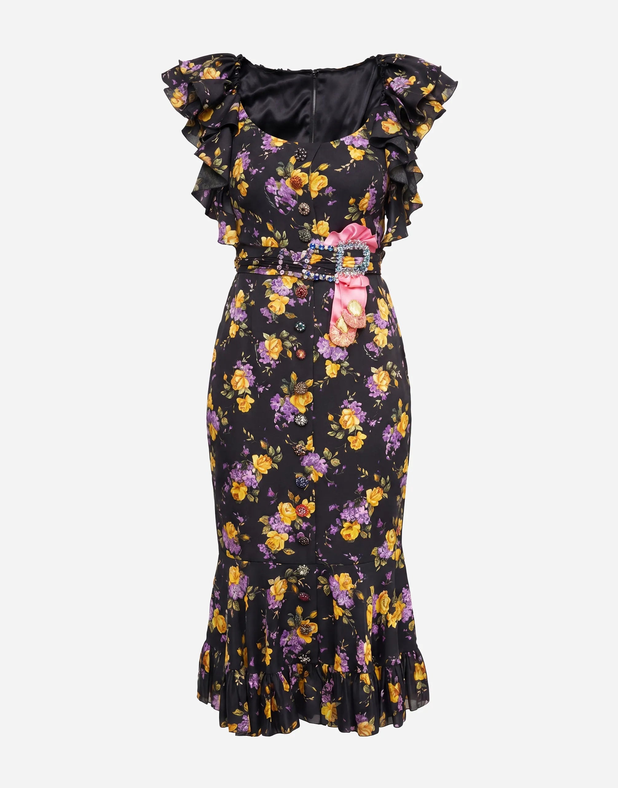 Dolce & Gabbana Floral Ruffle Midi Dress with Embellished Waist