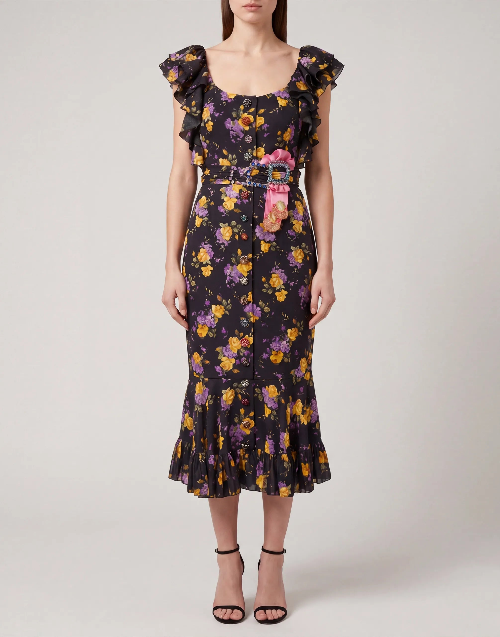 Floral Ruffle Midi Dress with Embellished Waist - alternate view