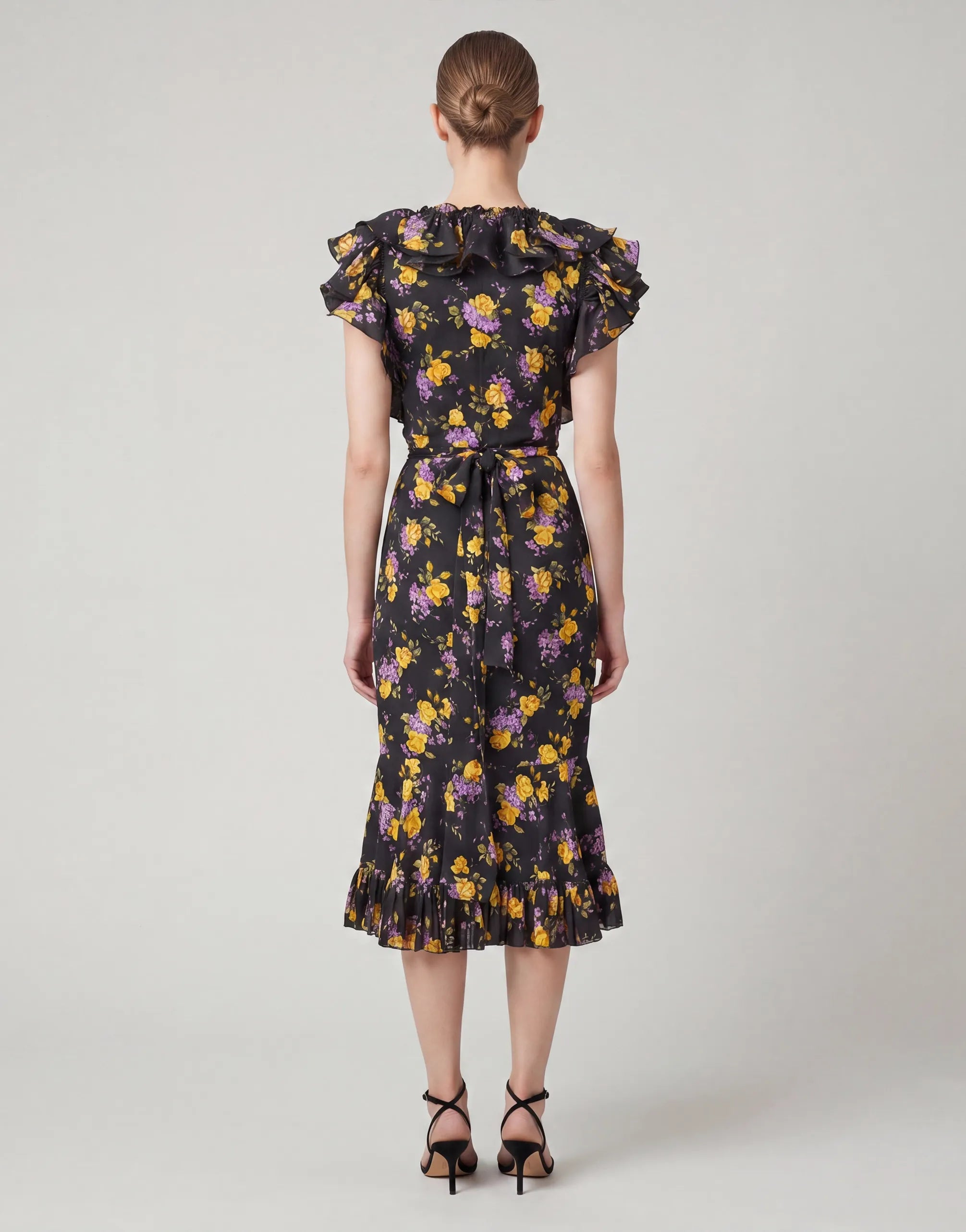 Dolce & Gabbana Floral Ruffle Midi Dress with Embellished Waist