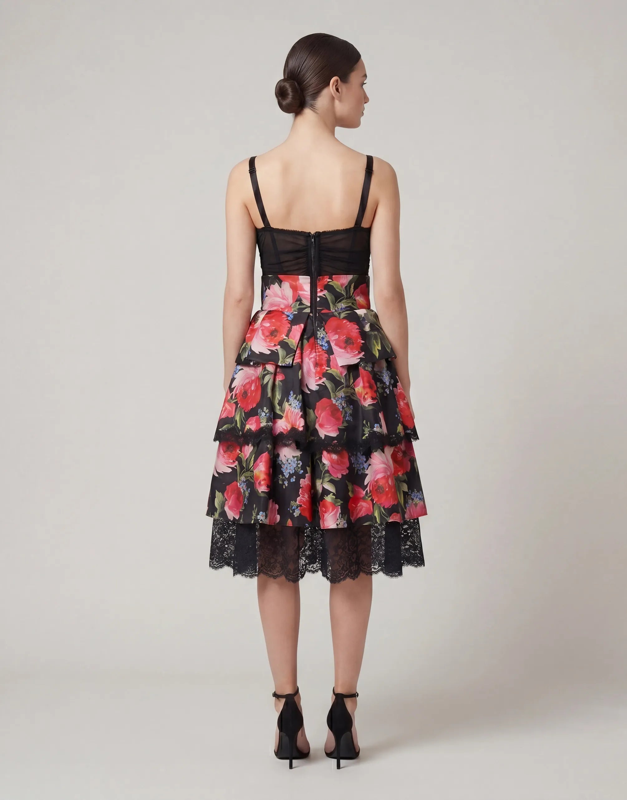 Dolce & Gabbana Floral Tiered Lace Trim Midi Dress